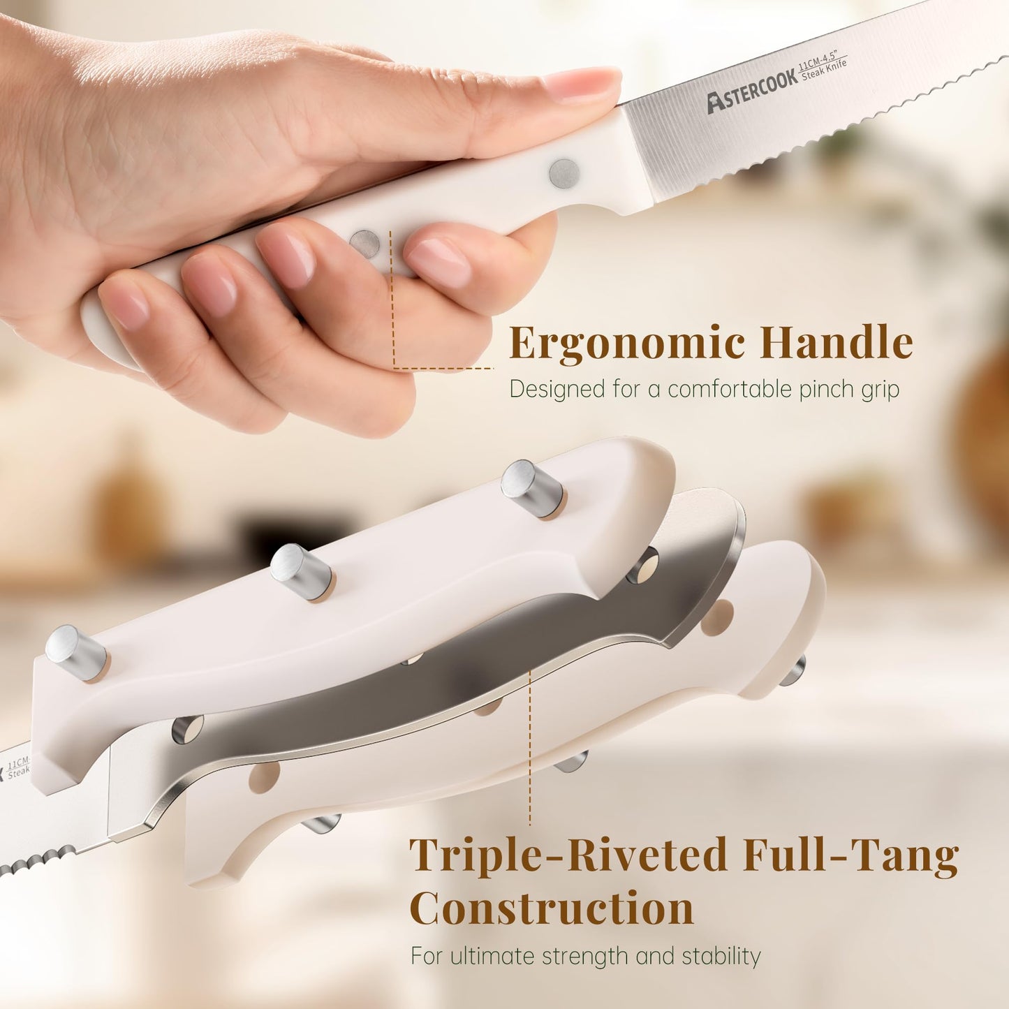 Astercook Steak Knives, Steak Knives Set of 8, High Carbon Stainless Steel Steak Knife Set with Full Tang Handle, Dishwasher Safe Serrated Knife, Elegant Cream White