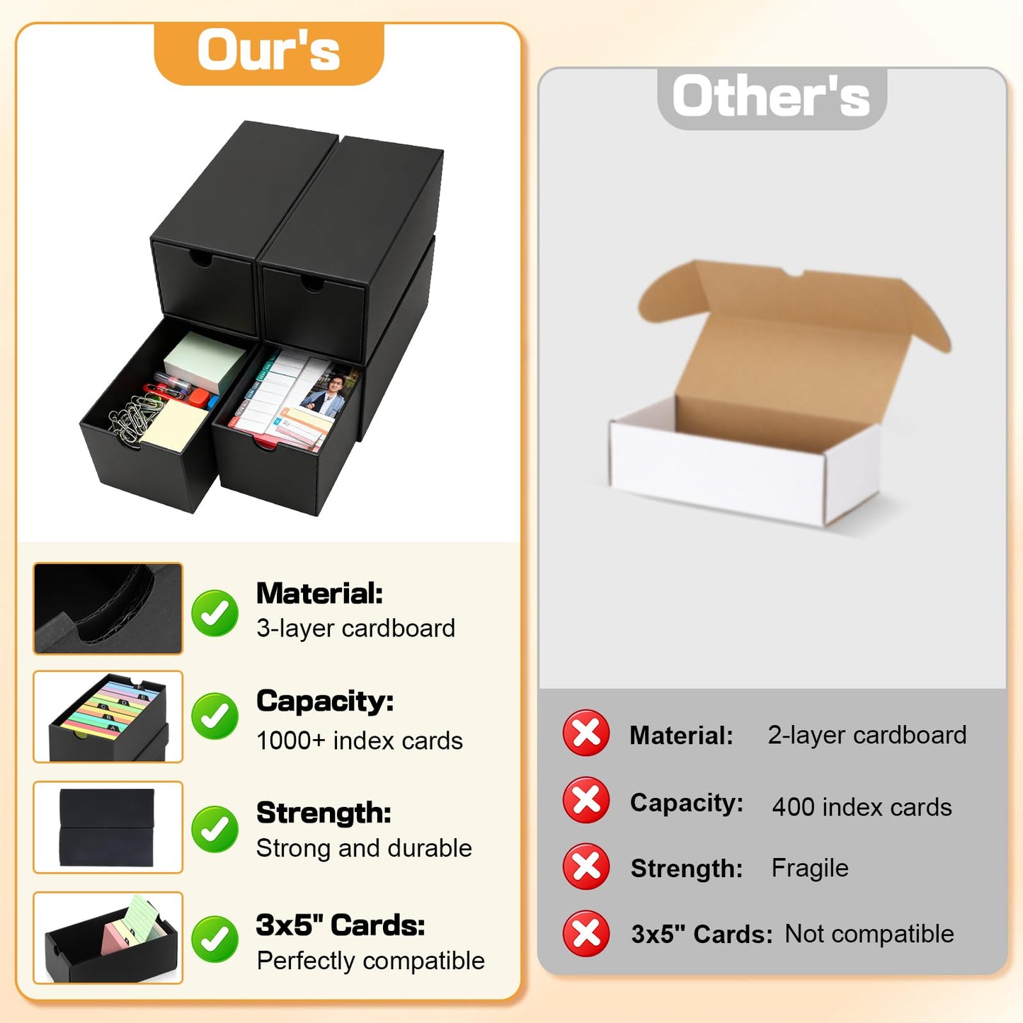 aopule 8Packs 3x5 Index Card Box,Index Card Organizer Box with Lid,Hold 8000 Cards,Black Recipe Holder for 3''x5'' Notecard Recipe Flashcard Card