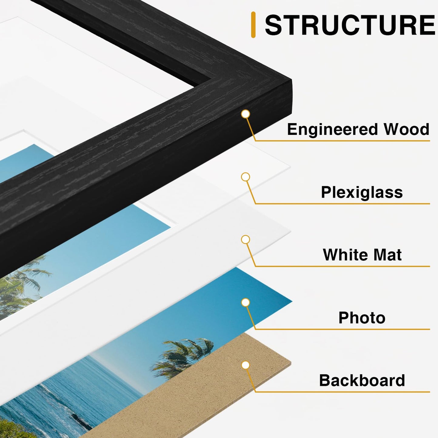 Vittanly 5x7 Picture Frames Set of 12, Display 4x6 Pictures with Mat or 5x7 without Mat, Engineered Wood with Shatter Resistant Plexiglass, Wall or Tabletop Photo Frames, Black