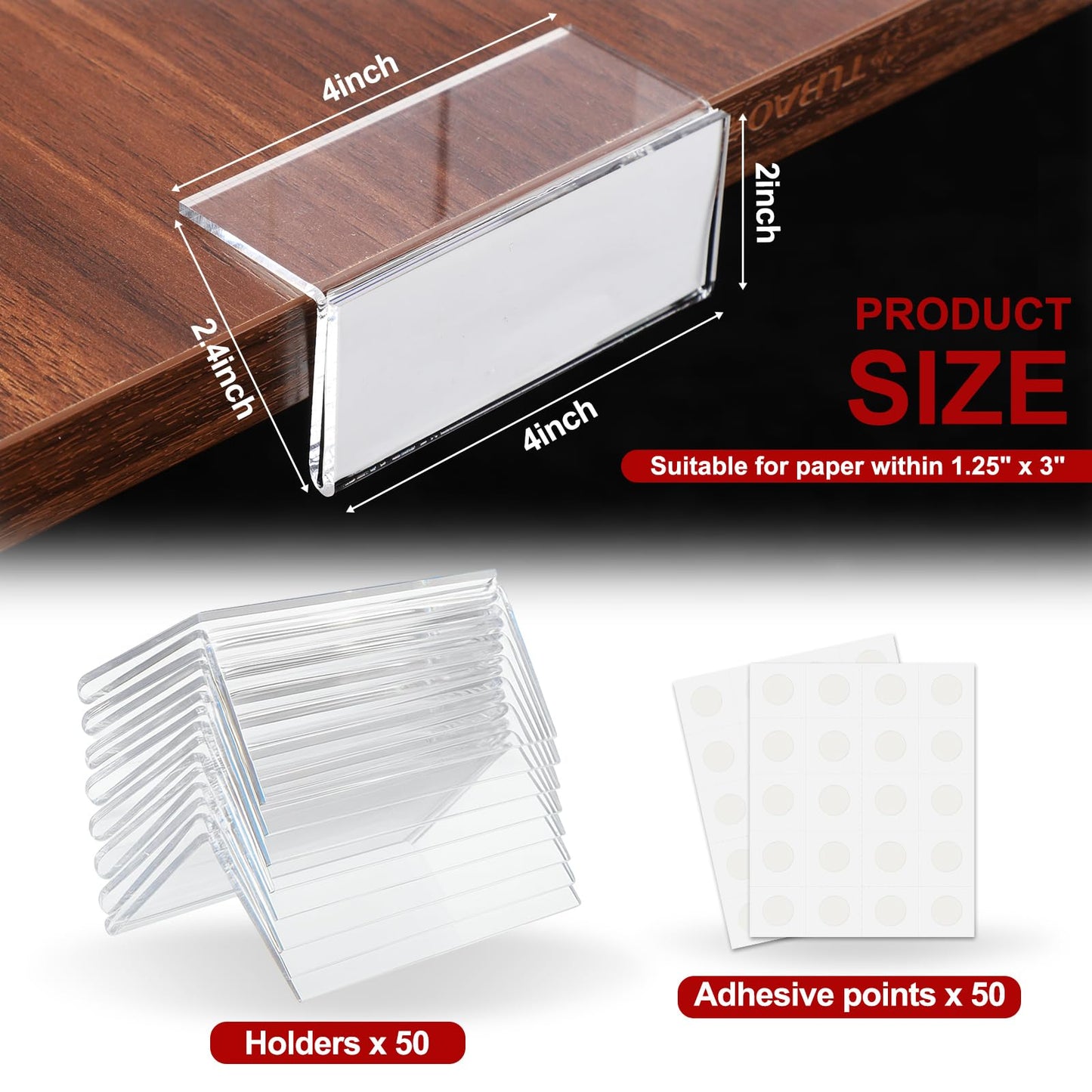 Thyle 50 Pcs Acrylic Rigid Shelf Label Holders for Library Supplies Shelf Labels with Dots Clear Desk Name Plate Store Bakeries Shelves Display Markers (2 x 4 Inch)