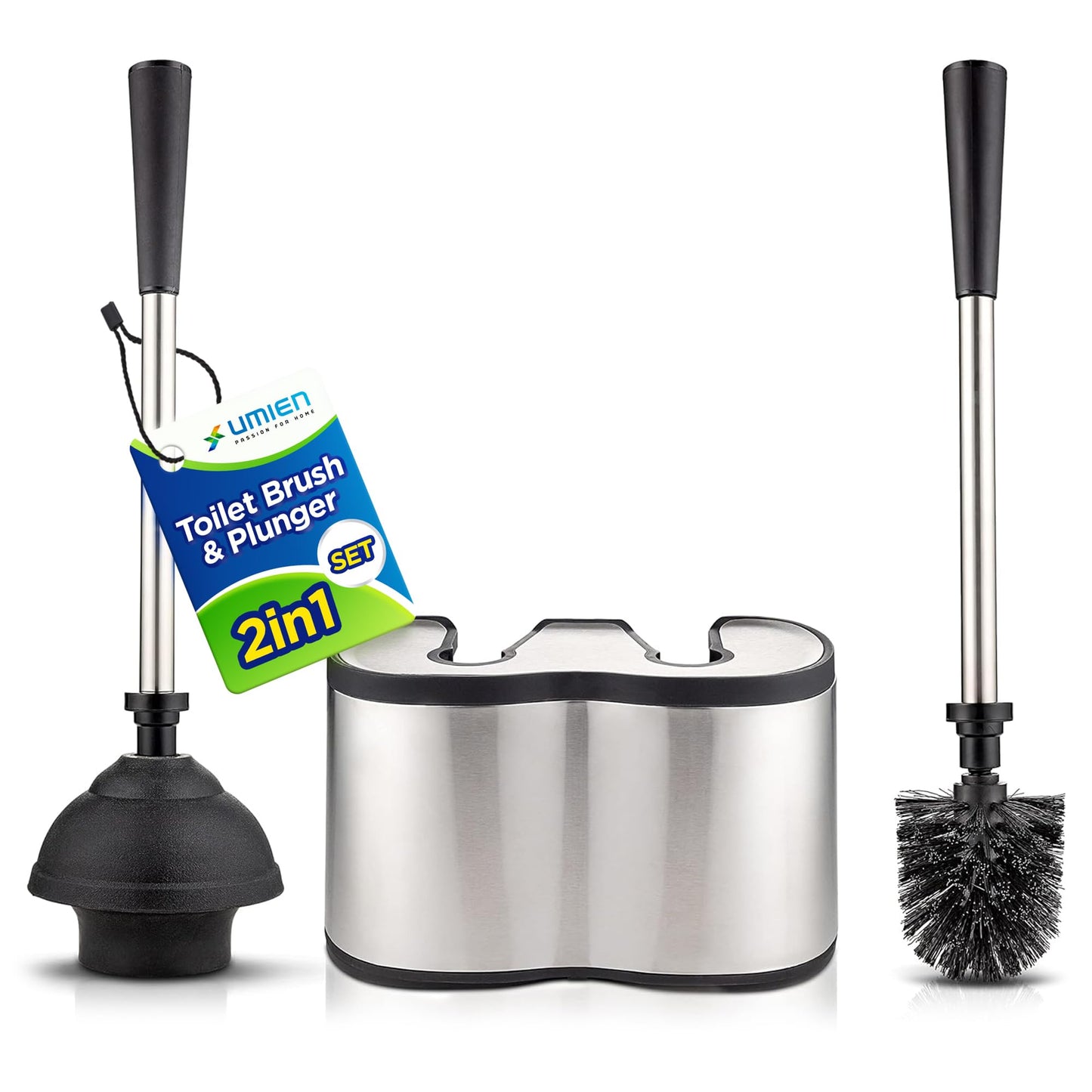 UMIEN Toilet Brush and Plunger Set 18-in - Updated 2025 No-Rust - Stainless Steel Design - Long Handles - with Freestanding Canister