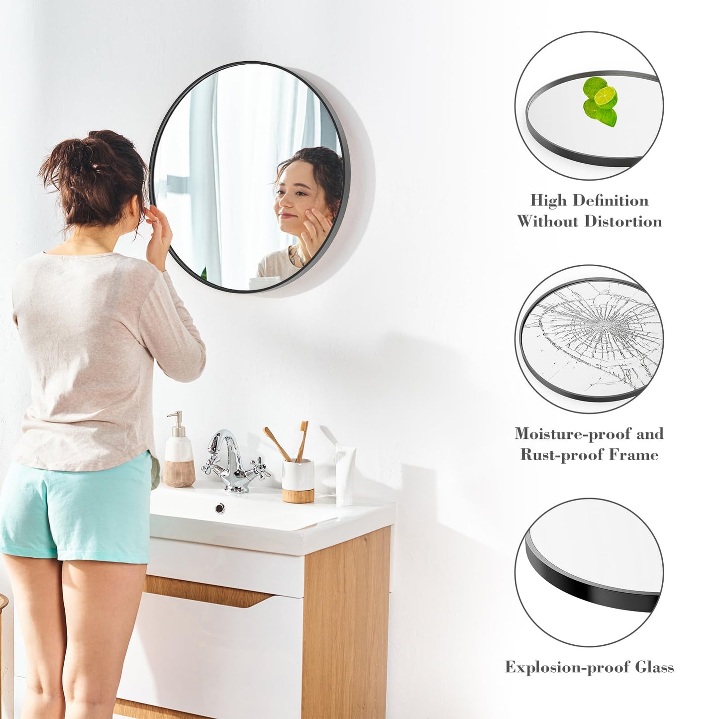 Sweetcrispy 24 Inch Round Wall Mirror with Tempered Glass, Bathroom Mirror Over Sink, Anti-Fog & Waterproof Round Mirror for Bathroom, Entryway, Bedroom, Shatterproof Design, Black