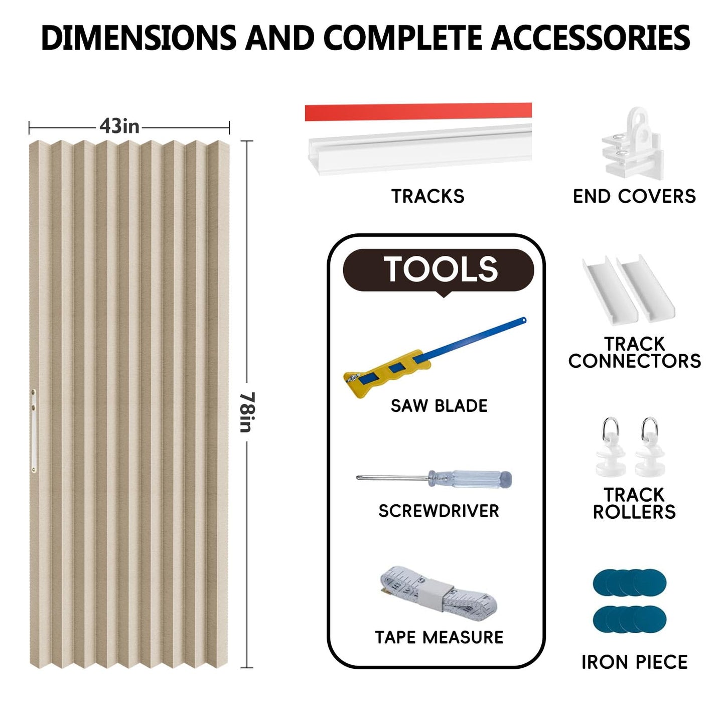Jilron Accordian Door Curtain,Install Adhesive Track 100% Blackout Doorway Curtains,Suitable for Bedroom,Closet,Interior Room Divider,Beige 43" W×78" L,1 Piece