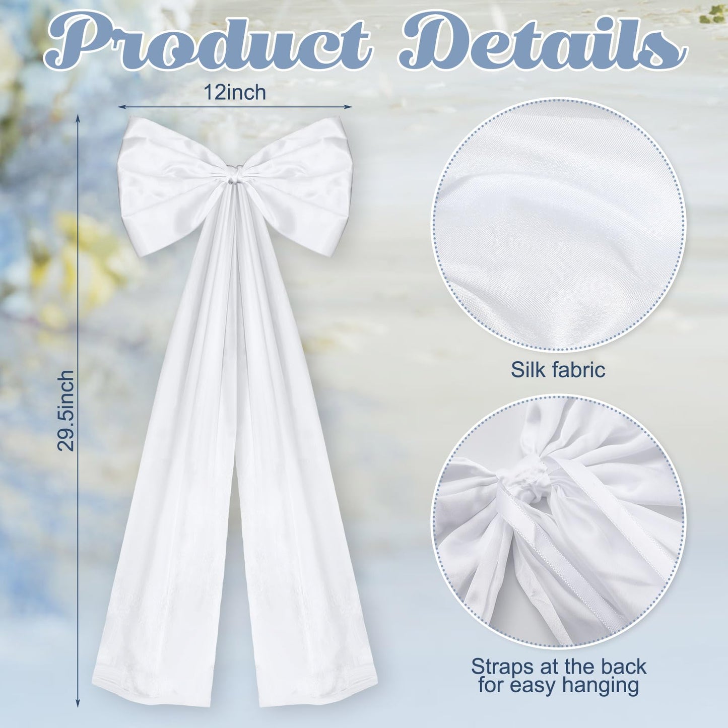 Knitgrip Large Wedding Pew Bows with Long Tails 12 x 29.5 Inch Wedding Aisle Decorations Bows Satin Ribbon Background Decor for Bridal Shower Reception Ceremony(White,12 Pcs)