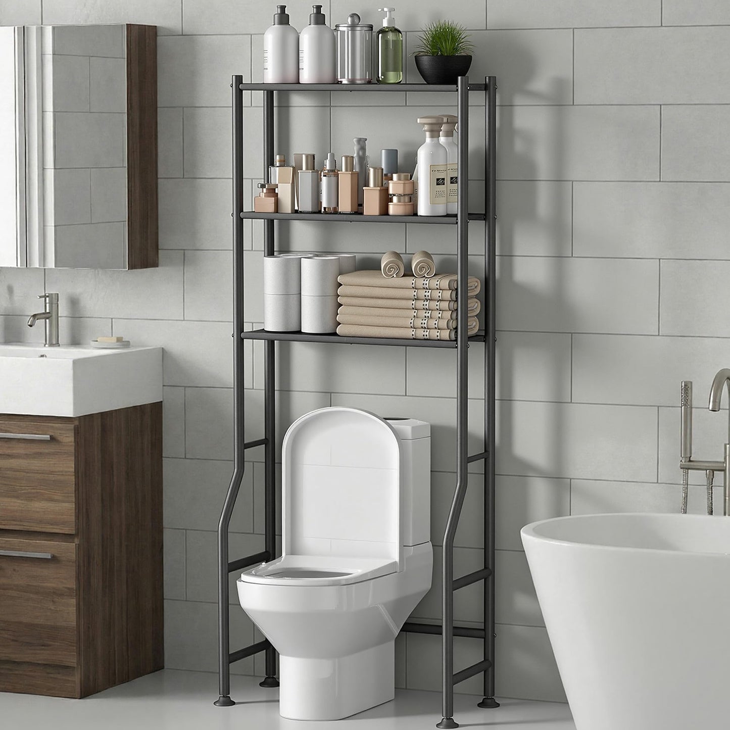 Livilord 3-Tier Over The Toilet Storage Rack, Space Saver Metal Bathroom Shelves, Freestanding Over Toilet Bathroom Organizer for Bathroom/Living Room, Black
