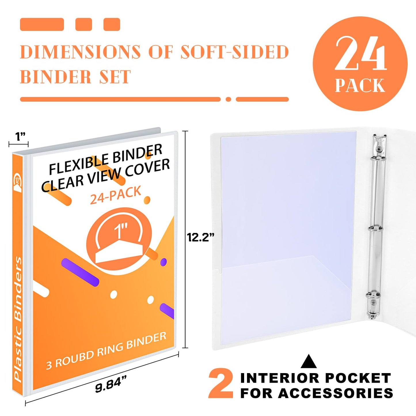 Fulmoon 24 Pcs 3 Ring Plastic Binders Bulk with 2 Pockets Flexible Binder with Transparent View Cover Plastic Binder for Home Office(1 Inch,White)