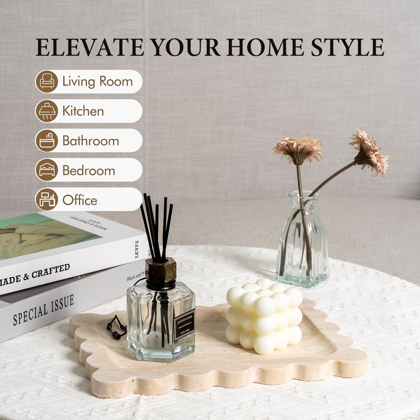 Koville Scalloped Marble Tray, 11"x8" Natural Marble Vanity Tray for Countertop Bathroom Kitchen Dresser, Natural Stone Tray for Jewelry Perfume Home Decor, Decorative Catchall Trays