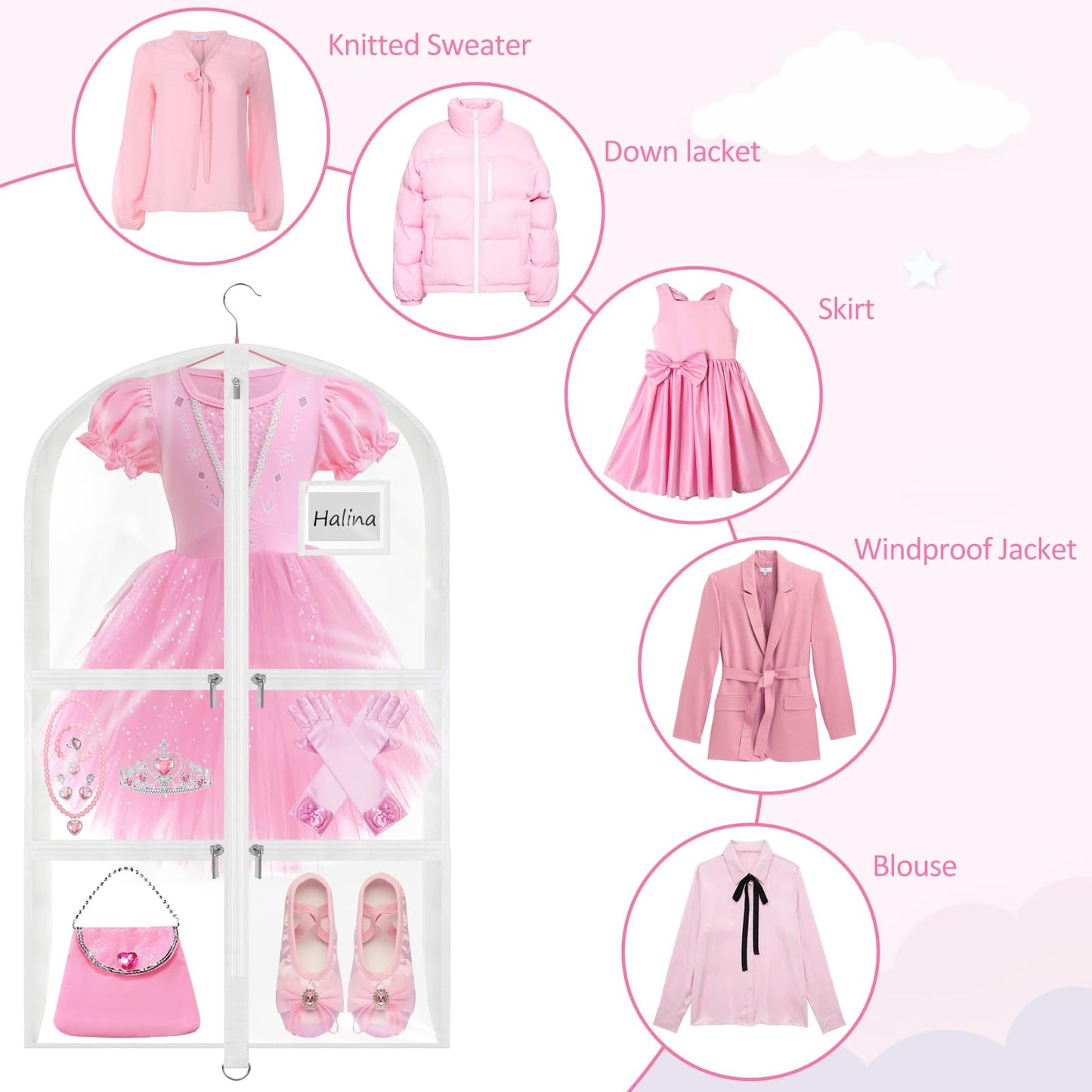 Wsaeig Garment Bags for Dance Costumes - 40 Inch Clear PVC with 5 Zipper Pockets (3 Pack, White) - Kids Dance Garment Bag for Dancers, Hanging Clothes Storage, Competitions & Travel (‎Clear White)