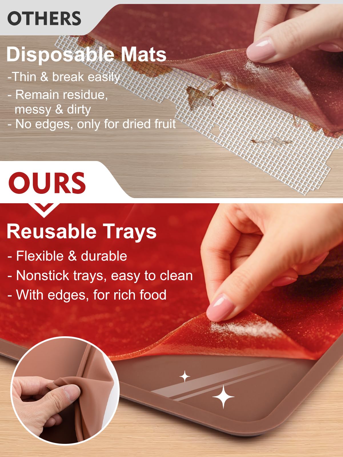6 Pcs Silicone Food Dehydrator Sheets with Edge, Compatible with Cosori/Excalibur/Magic Mill 14" x 14" Trays, Square Non-stick Tray Liner, High Temperature Resistance Reusable Dryer Mats