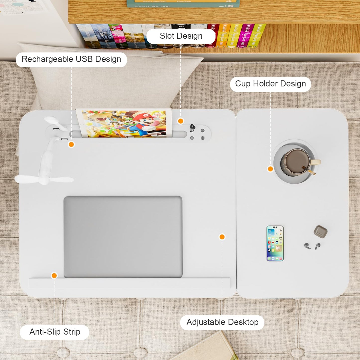 Laptop Desk for Bed, Adjustable Laptop Stand with 5 Different Angles, Portable Lap Tray Table with USB Charge Port and Cup Holder, Laptop Bed Desk Tray for Eating Working Writing (White)