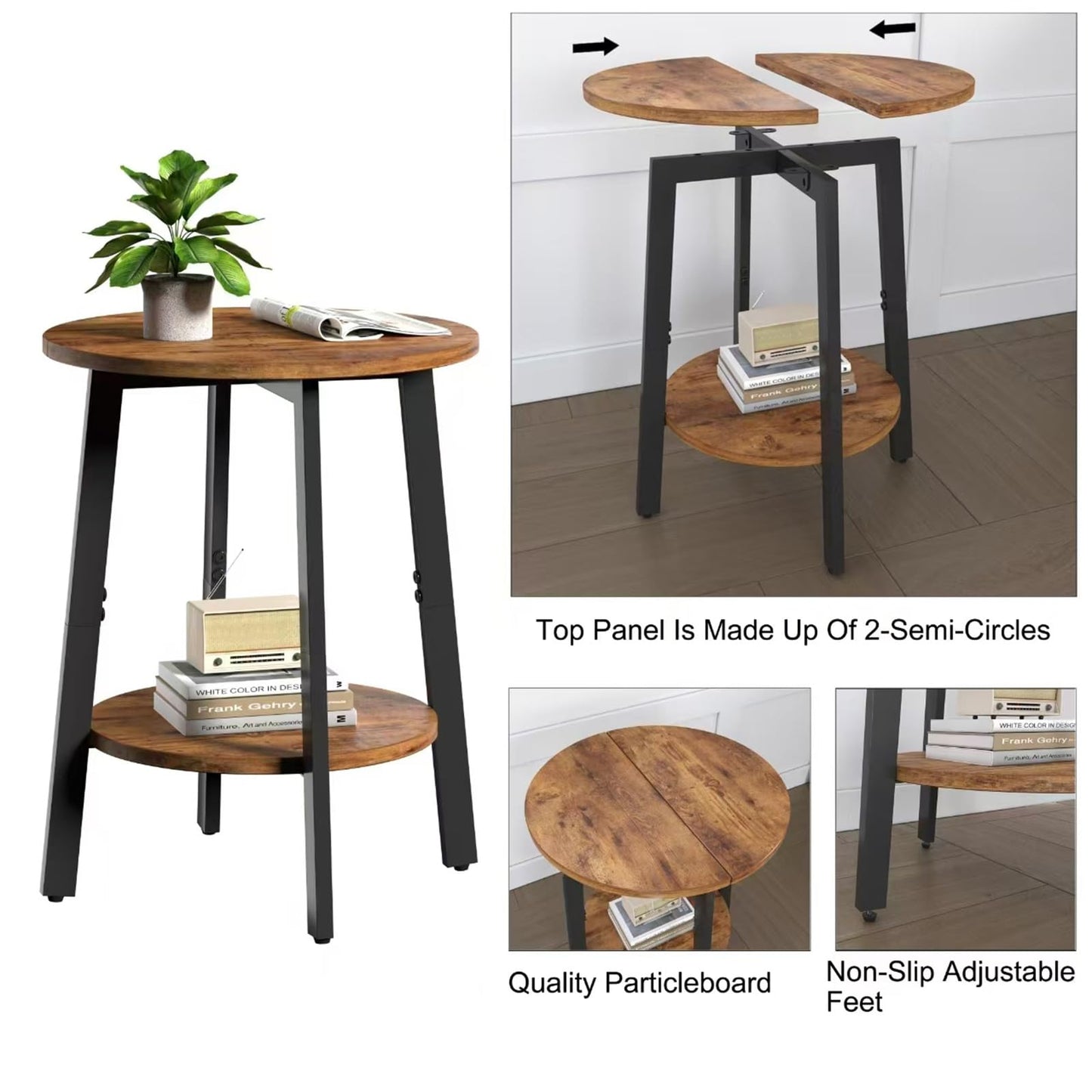 sthmec Side Table Set of 2, Small Round End Table with Storage Shelf for Small Space, 2-Tier Bedside Table Sofa Couch Table, Nighstands Set of 2 Accent Table for Living Room, Bedroom, Rustic Brown