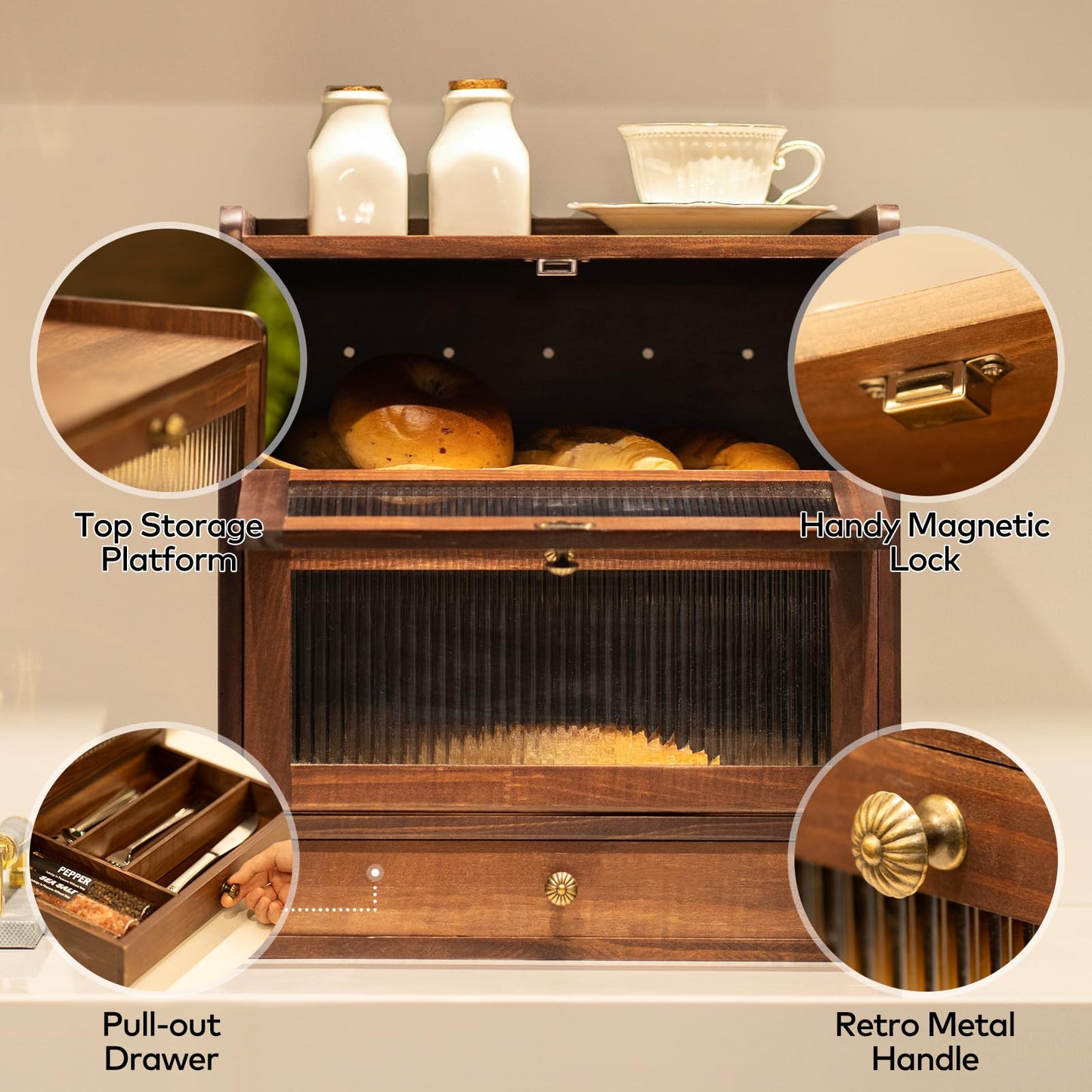 CheerNest Solid Wood Bread Box for Kitchen Countertop with Drawer, 2-Tier Large Wooden Bread Storage Bin with Cutlery Organizer, Farmhouse Bread Keeper for Homemade Bread, Brown (50 Deli Papers)