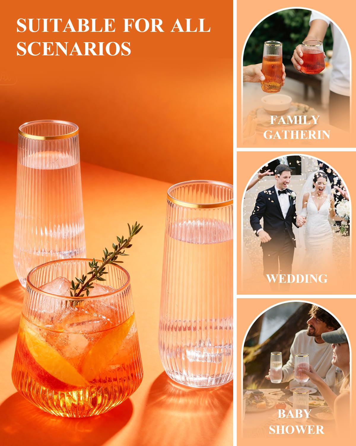 48 Pack Disposable Ribbed Origami Ripple Plastic Glasses Set - 24 9 OZ Stemless Champagne Flutes & 24 12OZ Cups, BPA-Free Shatterproof Clear Drinkware for Weddings, Parties & Events(Gold Rim)