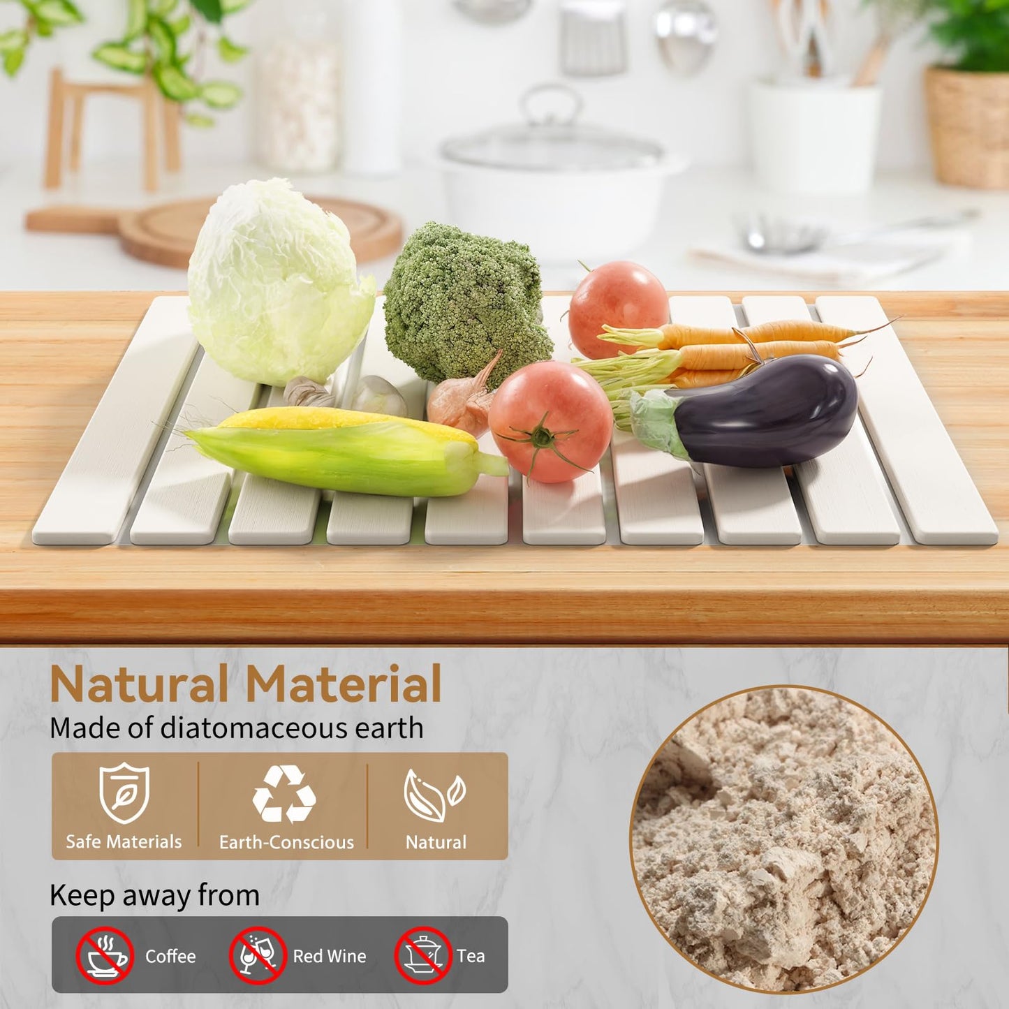Large Stone Dish Drying Mat for Kitchen Counter,23.6''x15.3'' Foldable Quick Dry Stone Kitchen Mat,Eco-Friendly,Absorbent Diatomaceous Earth Mats for Dishes Bottles Cups Bathroom Any Countertop-White