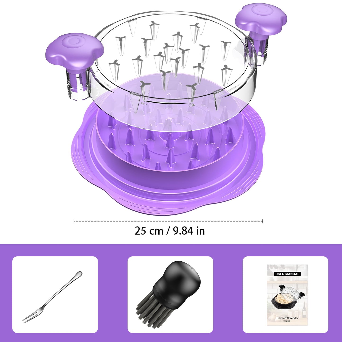 SURETIVIAN Chicken Shredder Tool Twist Large Chicken Breast Shredder with Brush&Fork, Visible Meat Shredder Machine, Anti-Slip Strip, Ergonomic Handle, BPA Free, Suitable for Pork Beef Chicken(Purple)