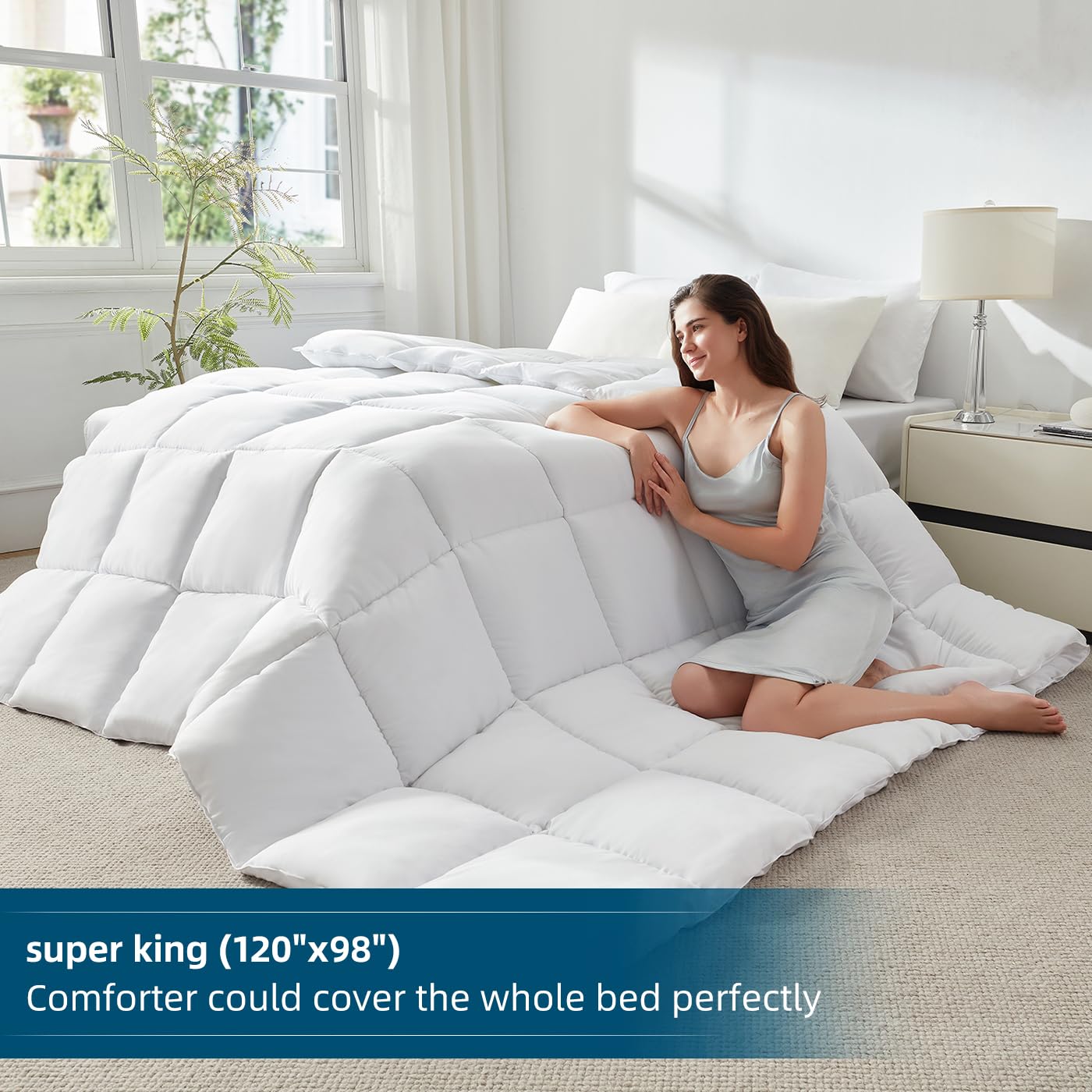 Oversized King Comforter 120x98, Extra Large Super King, Spring Lightweight Soft Quilted Down-Alternative Duvet Insert, Fluffy Breathable Microfiber with 8 Corner Tabs, All Season Bedding White