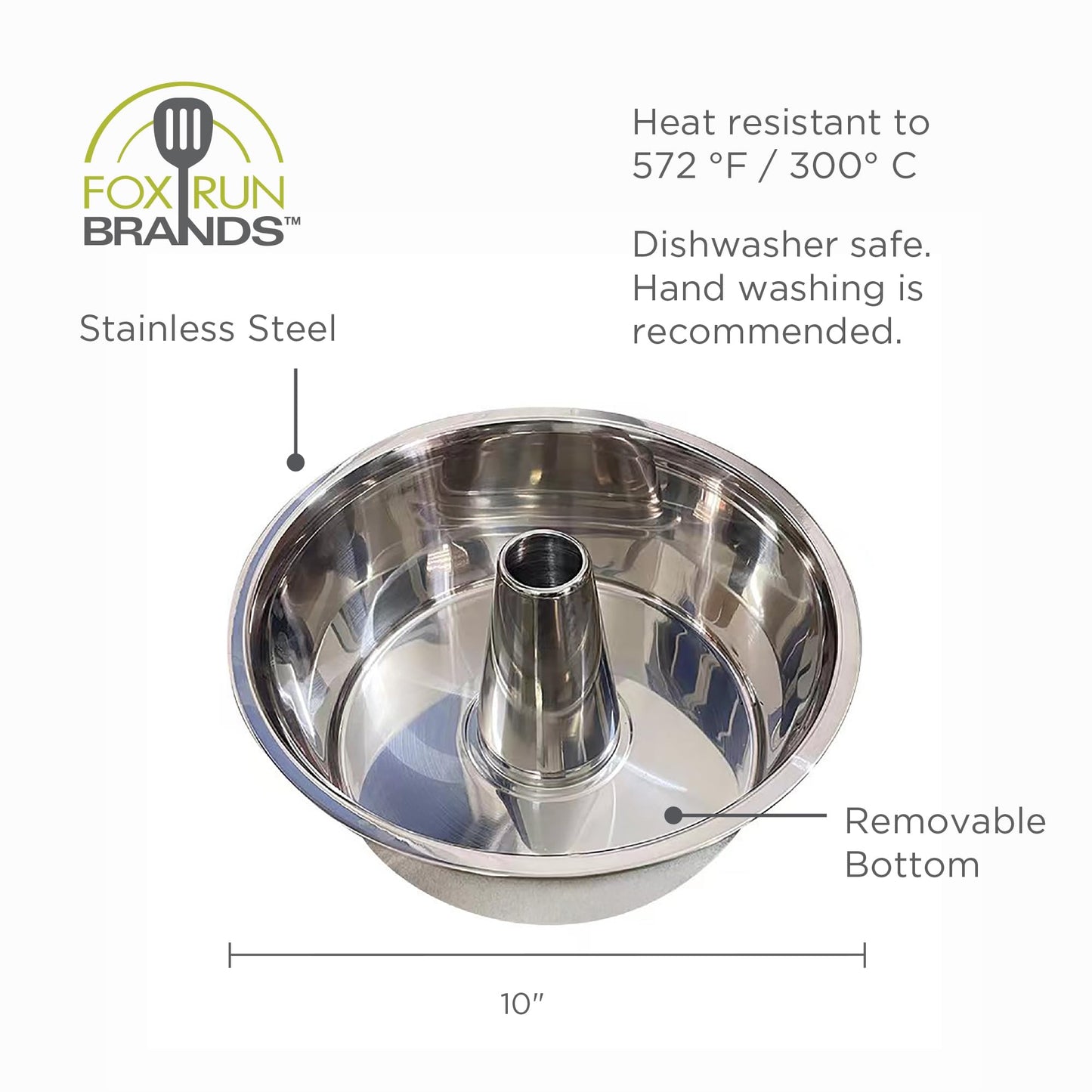 Fox Run Angel Food Cake Pan, Stainless Steel Tube Cake Pan With Removable Bottom, Round 10" x 5"