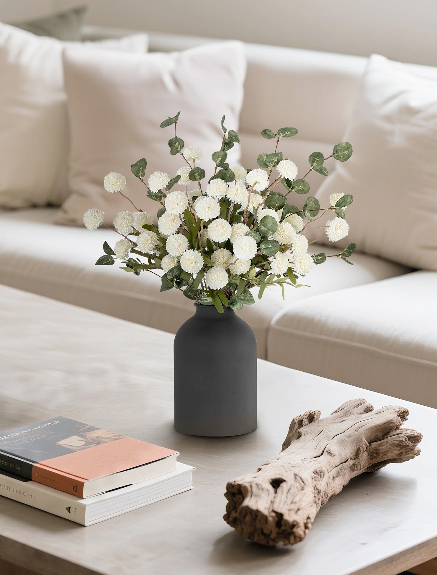 BLOSMON Fake Flowers in Vase for Centerpieces: Metal Vase with 12 Stems of Artificial Mums Kiku Flowers Eucalyptuses Dining Table Decor - White Faux Silk Pom Poms Floral Arrangements for Home Indoor