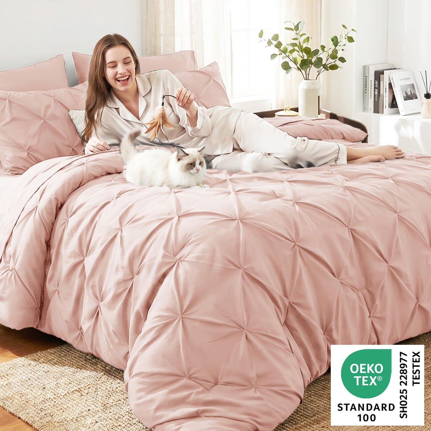 CozyLux Twin Comforter Set with Sheets Peach Pink, 5 Pieces Pintuck Bed in A Bag, All Season Bed Set Gift for Girls and Boys, Pinch Pleat Bedding Set with Comforter, Sheets, Pillowcase & Sham