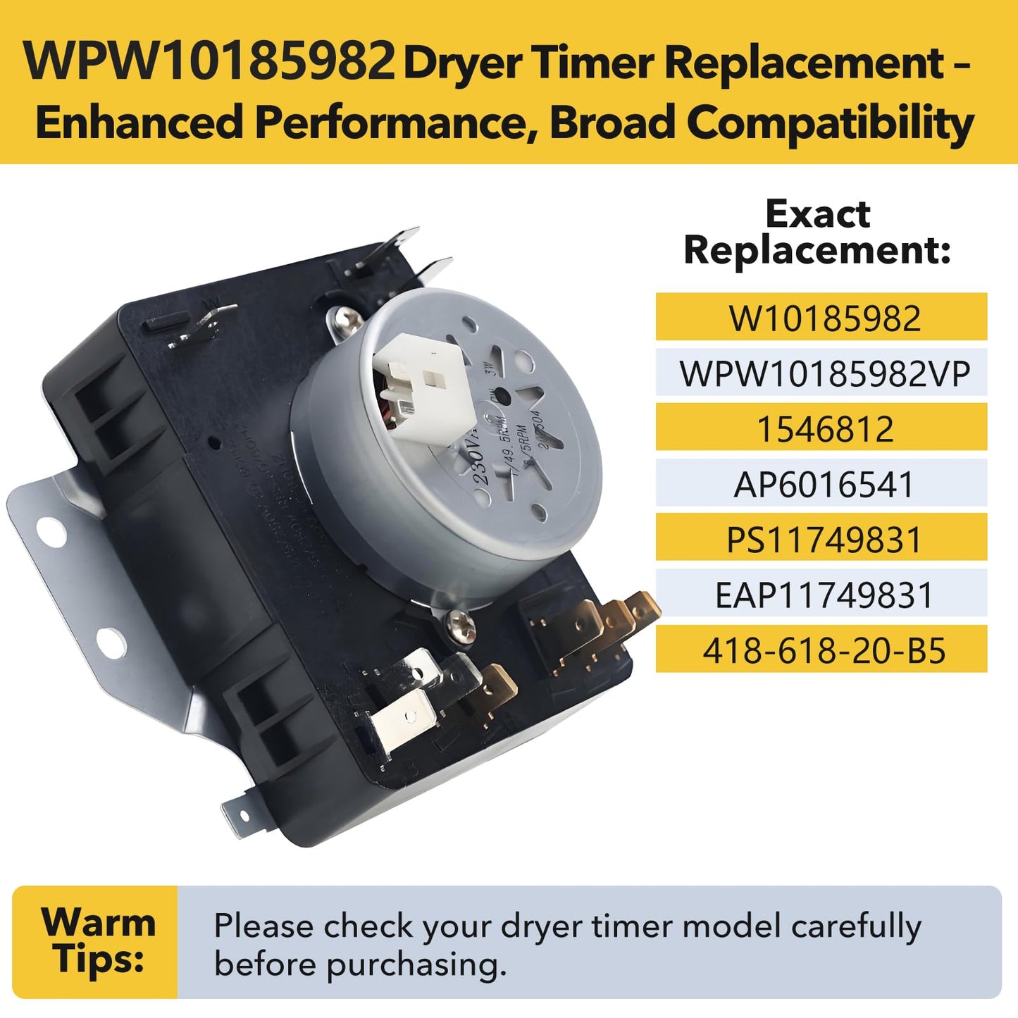 Lovgedr W10185982 WPW10185982 Dryer Timer Replacement, Genuine OEM Quality, Replaces 418-618-20-B5, AP6016541, PS11749831, 1546812, Fits Whirlpool, Maytag, Kenmore, Crosley Dryers, 2-Year Warranty