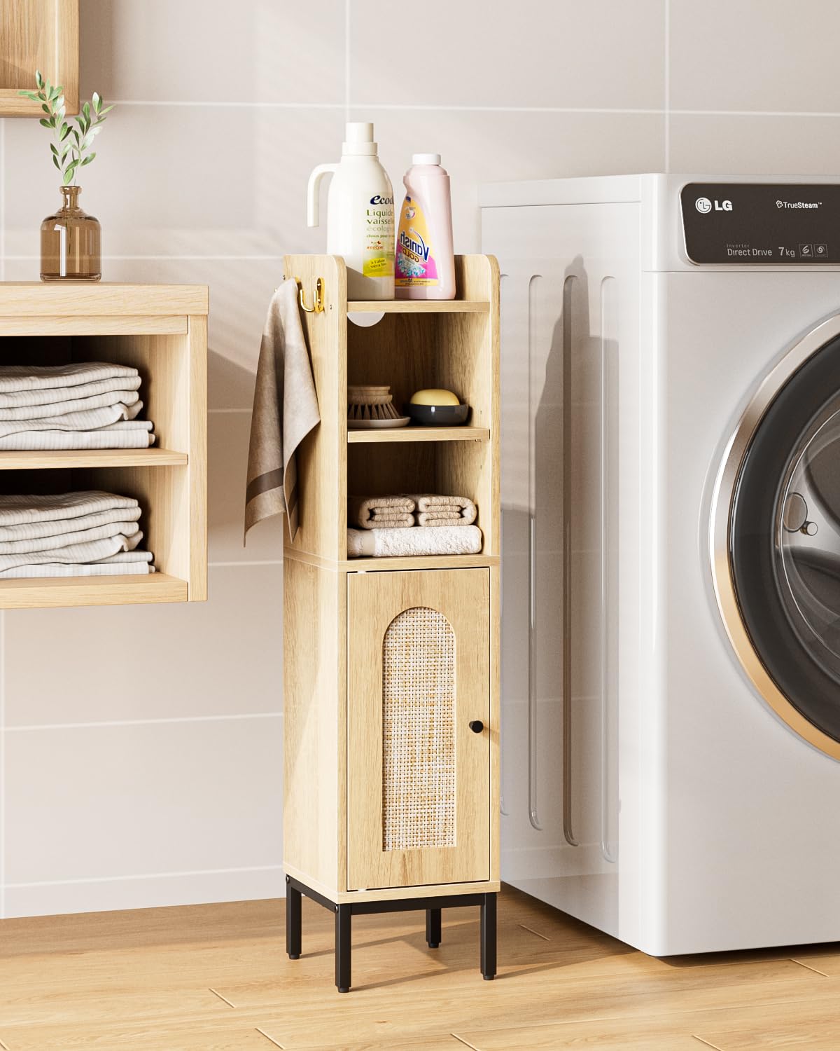 AEPOALUA Bathroom Storage Cabinet, Small Corner Floor Hutch with 2Hooks,Narrow Toilet Paper Cabinet with Rattan Door,Bathroom Organizer with Adjustable Shelf, for Small Spaces,Oak