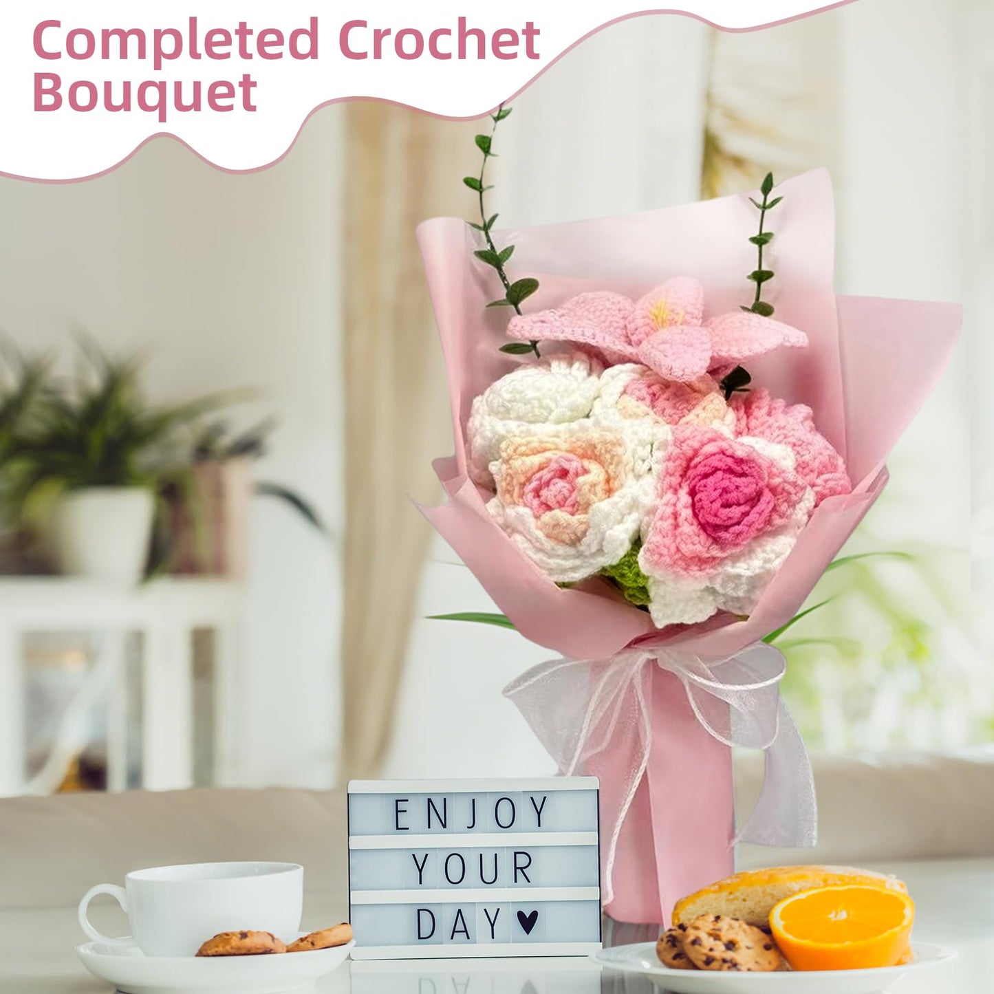 Crochet Flower Bouquet, 6 Flowers Crochet Graduation Flower Bouquet, Knitted Bouquet, Roses, Preserved Flower for Mother's Day, Valentine's Day, Birthday (Big-Pink)