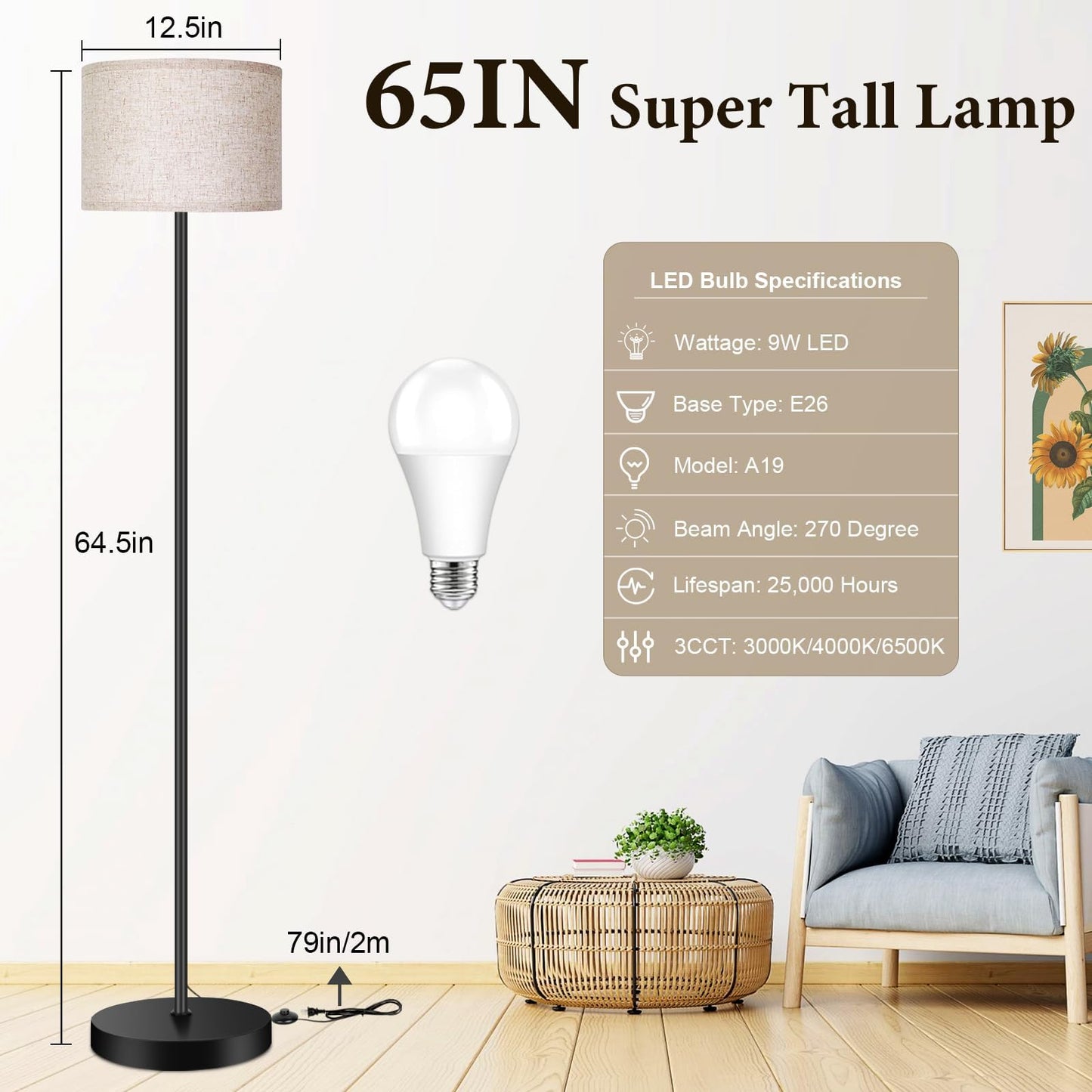 TOBUSA Floor Lamp for Living Room Bedroom with 3CCT LED Bulb, Modern Standing Lamp Drum Shade, 65’’ Tall with Foot Switch Black Pole, Dimmable Simple Design Stand Up Lamp for Home Office Reading