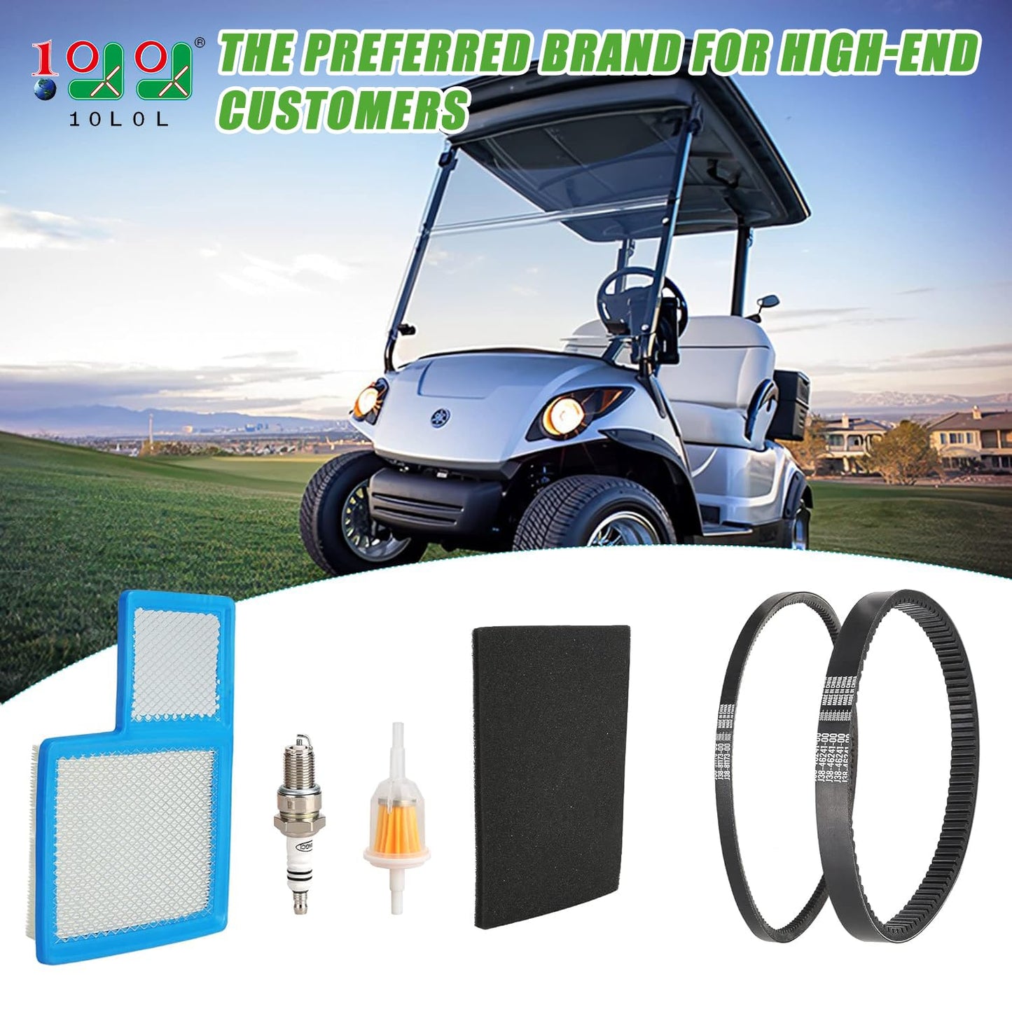 10L0L Golf Cart Tune Up Kit with Starter Generator Belt & Drive Belt for Yamaha 1996-up G16 G19 G22 & 2012-up G29 Gas Model W/ 4 Cycle 301cc 357cc Engine Air Filter Pre Fuel Filter Spark Plug
