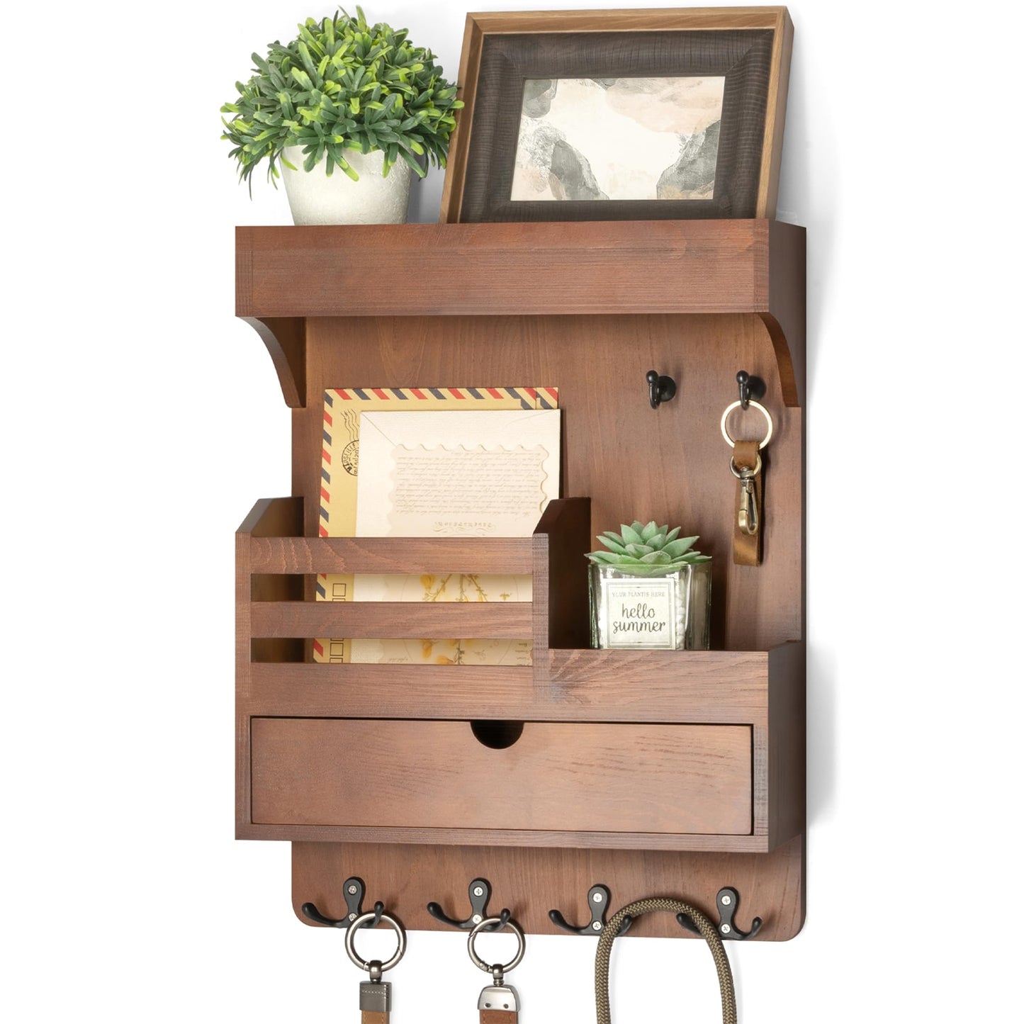 Rebee Vision Farmhouse Key Holder Wall Mount with Drawer Organizer – Pine Wooden Mail and Key Organizer for Wall with 6 Sturdy Hooks & Floating Shelf – Perfect for Retro Living Room Decor (Brown)