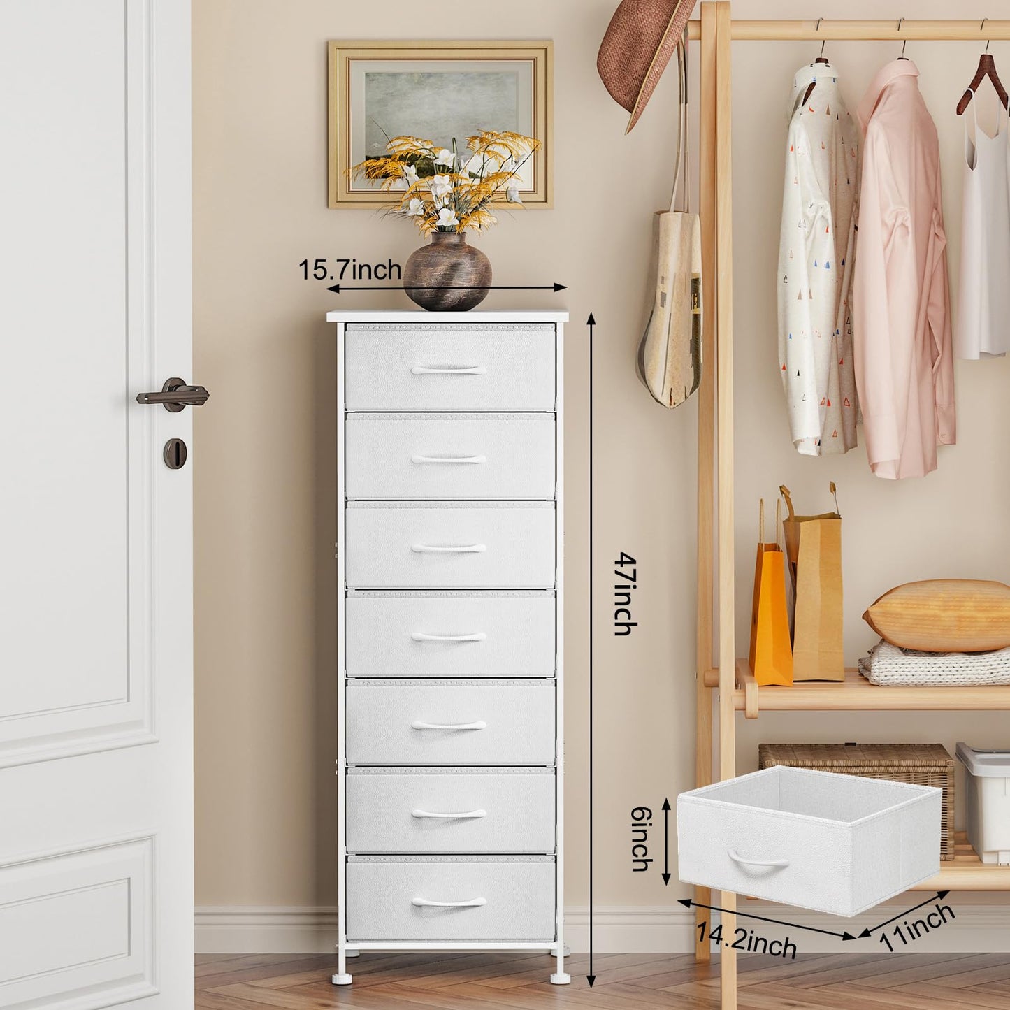 Fixwal Tall Narrow White Dresser for Bedroom, Storage Dresser Organizer with 7 Fabric Drawers, Nightstand Furniture in Closet, Entryway, Hallway