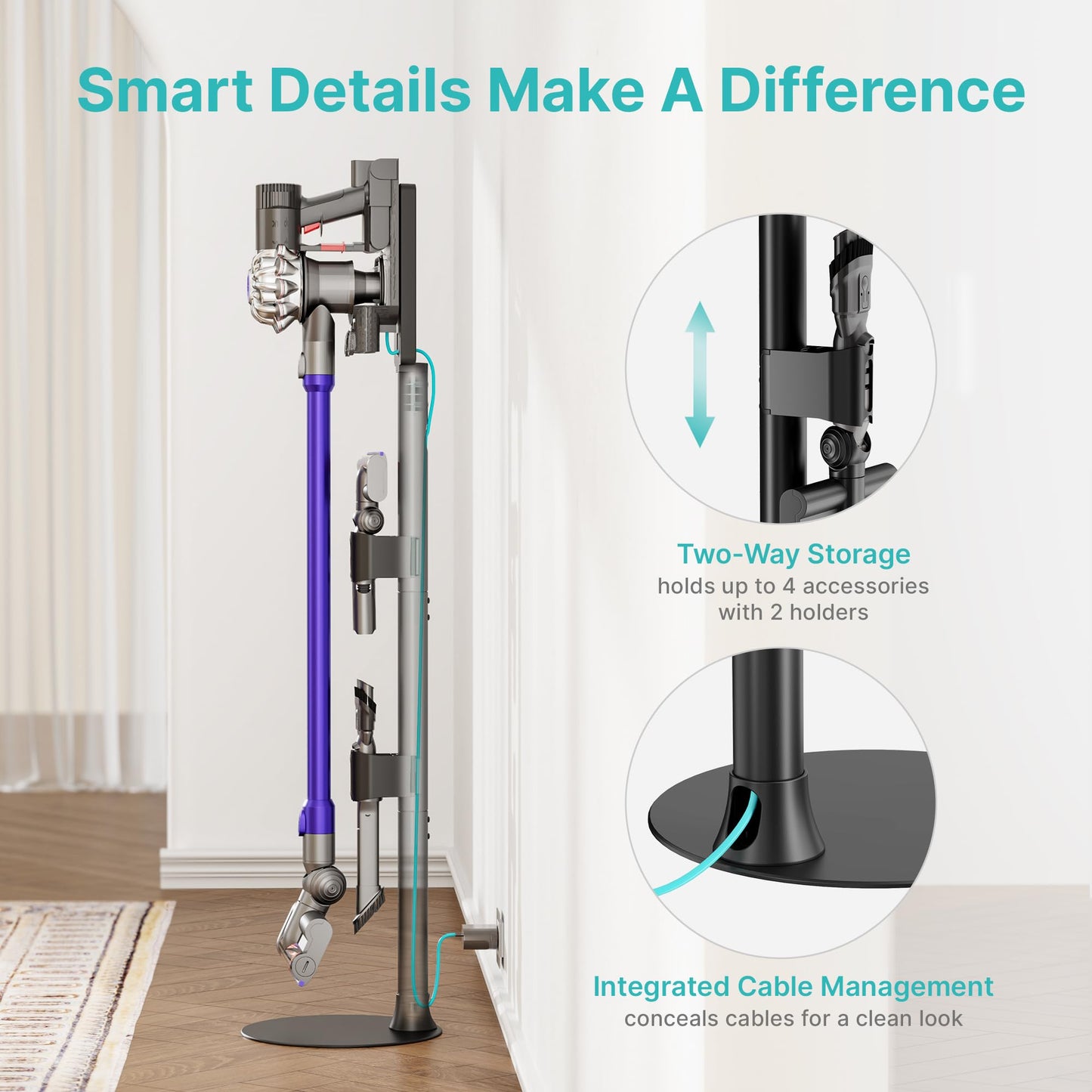 PEGZONE Vacuum Cleaner Stand, Compatible with Dyson Gen5 V15 V12 V11 V10 V8 V7 V6, Cordless Vacuum Holder with 2 Removable Accessory Clips, Attachment Organizer with Built-in Cable Slot, Black
