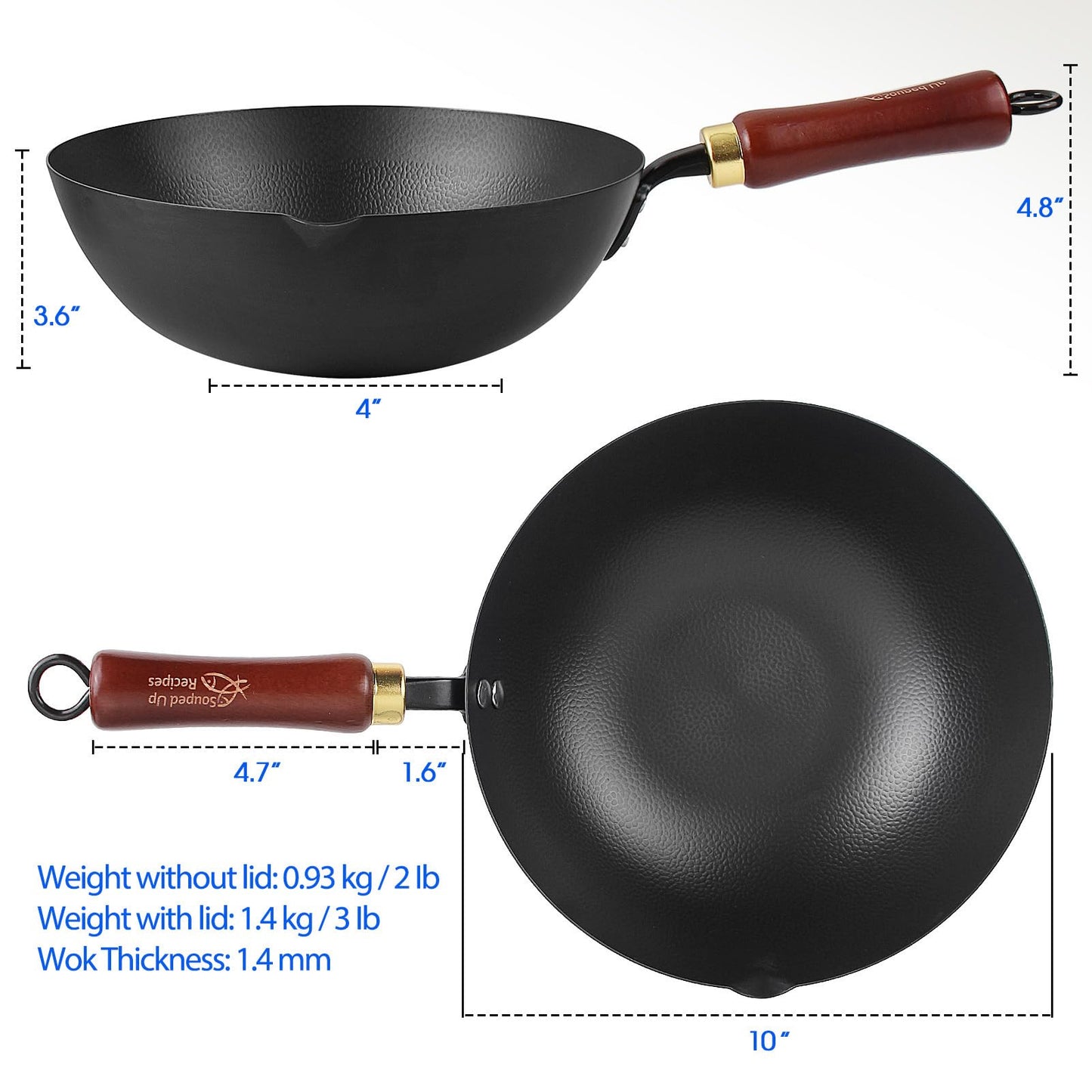 Souped Up Recipes 10 Inch Carbon Steel Wok For Electric, Induction and Gas Stoves (Lid and User Guide Video Included)
