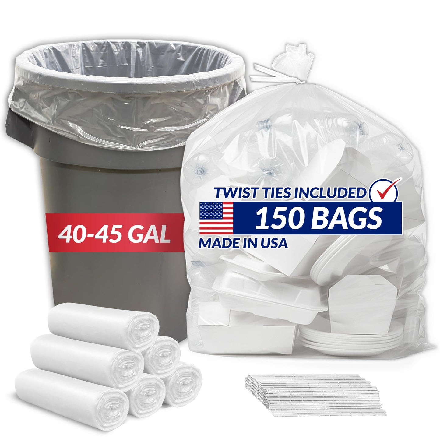 Reli. Premium 40 to 45 Gallon Trash Bags Heavy Duty | 150 Trash Bags with Ties | Super Sizeable, Clear, Serious Garbage Cleanup