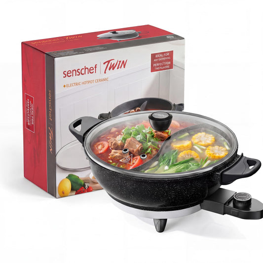 SENSCHEF TWIN™ Electric Hot Pot with Divider | EvenHeat Cast Aluminum Non-Stick Pot for No-Spot Cooking | 1500W Fast Heating | Dual-Flavor Shabu Shabu Pot for | 1-Yr Warranty | Granite Black