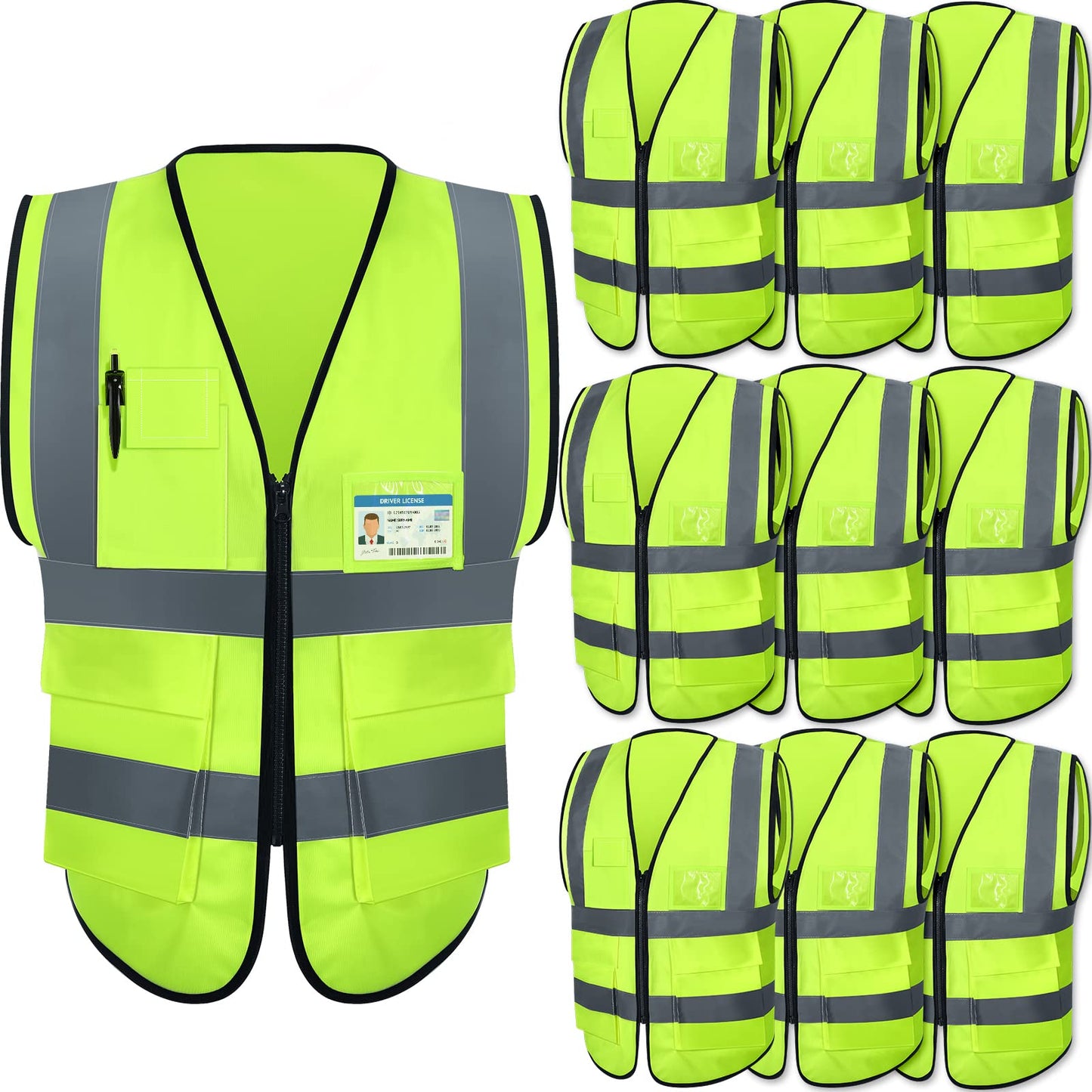 10 Pcs Reflective Safety Vest with Pockets and Zipper High Visibility Vest for Women Men Work, Construction, Cycling(L)