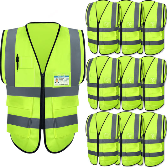 10 Pcs Reflective Safety Vest with Pockets and Zipper High Visibility Vest for Women Men Work, Construction, Cycling(L)