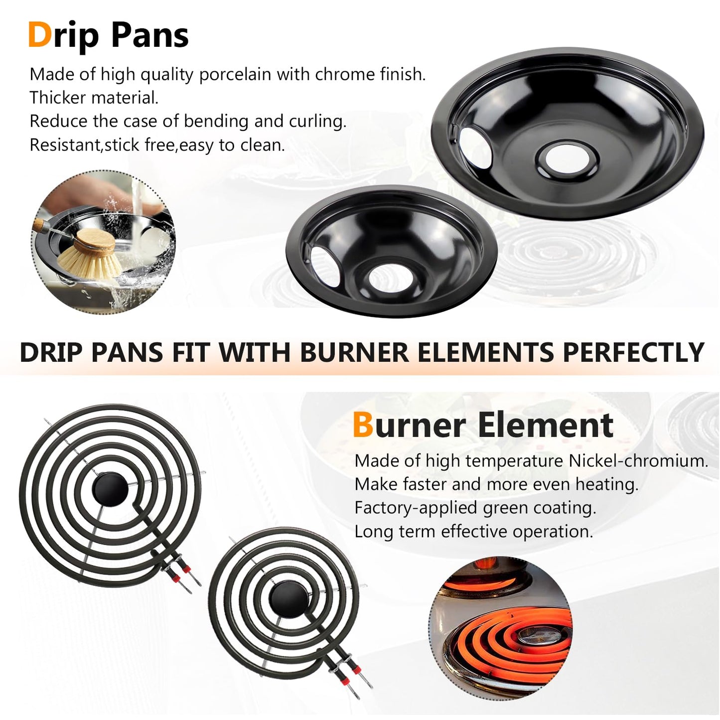 W10290350 W10290353 Porcelain Electric Stove Burner Drip Pans and MP22YA Electric Range Burner Element MP15YA(6") MP21YA(8") by Blutoget- Fit for Whirlpool May-tag Amana Electric Range Stove