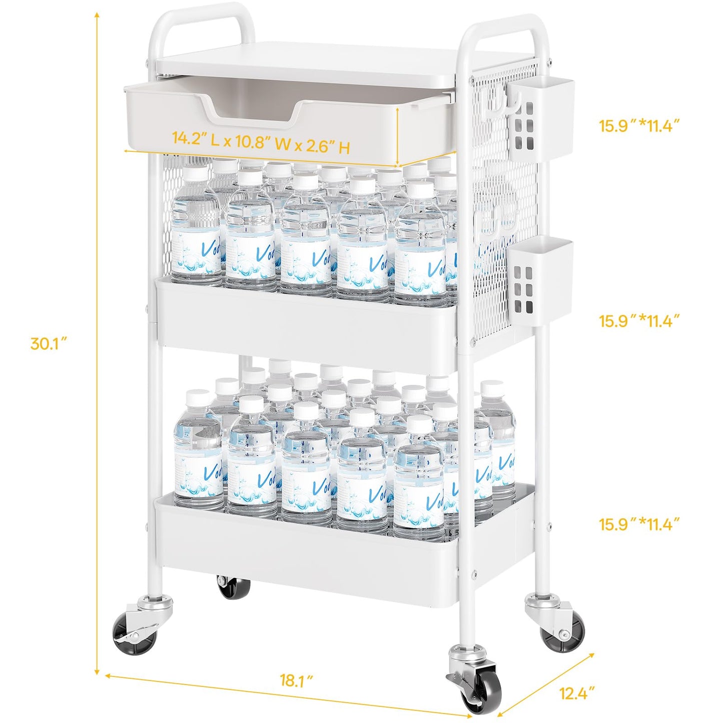 3 Tier Metal Rolling Utility Cart with Drawer & Pegboard - Multifunctional Storage Cart on Wheels with Tabletop, Hooks & Basket, Sturdy Craft & Art Cart for Bathroom, Bedroom, Children Room, White
