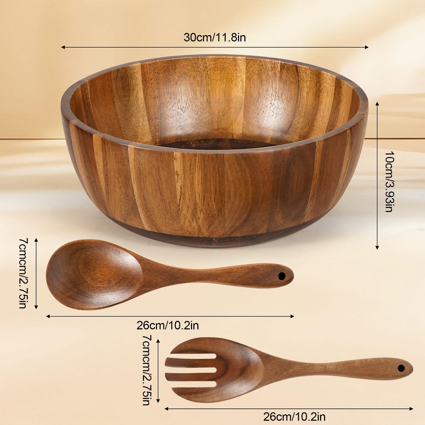 MYRAINBOW Wooden Salad Bowl Set 11.8 Inch – Acacia Large Wood Salad Bowl with Wooden Serving Utensils, Big Salad Bowls for Fruits, Food Serving & Hosting Family Gatherings