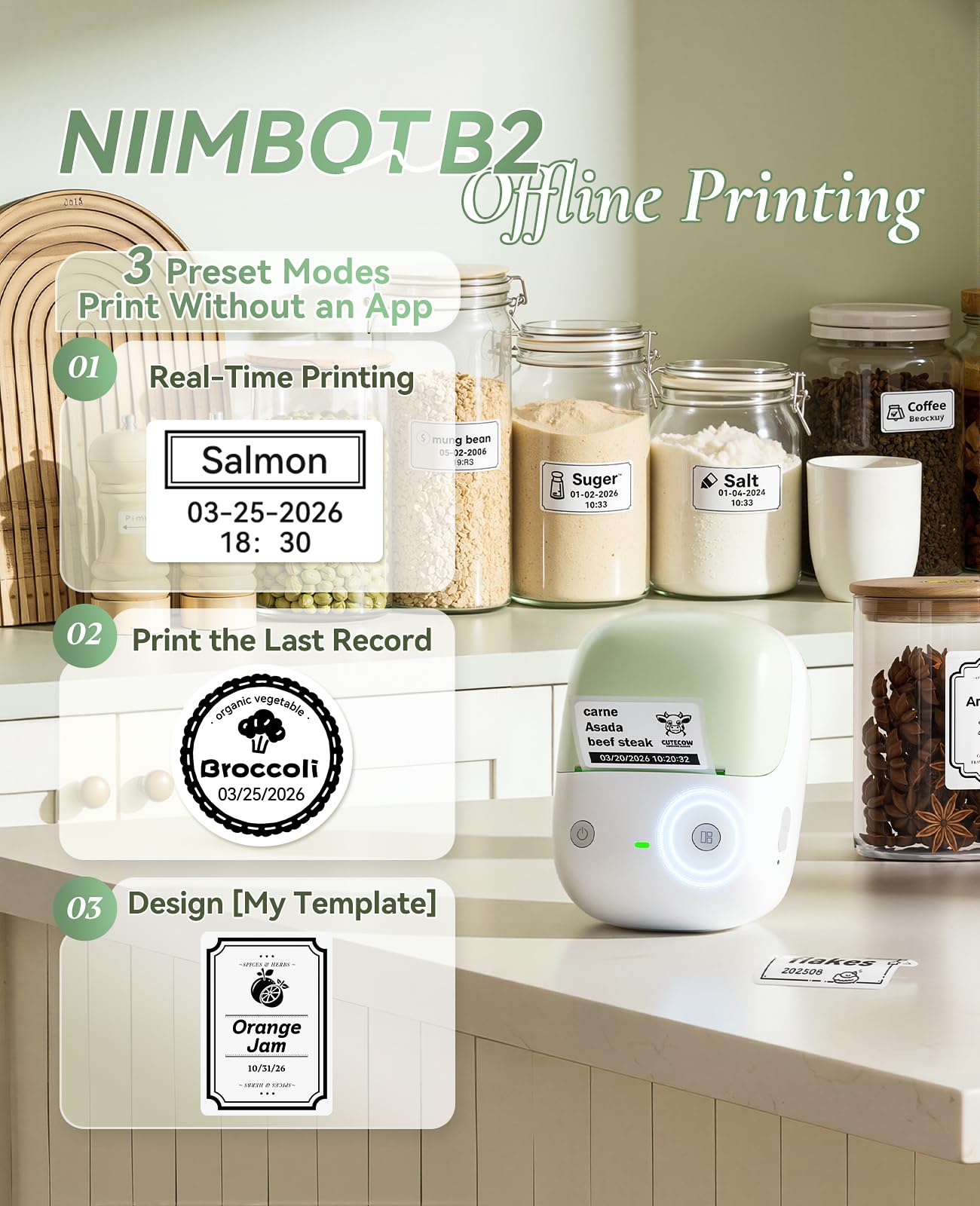 NIIMBOT B2 Label Maker Machine with Tape, Portable Bluetooth 2Inch Label Printer with Multiple Templates, Thermal Labeler for Home Kitchen Office Coffee Shop Bakery Organization, Green White