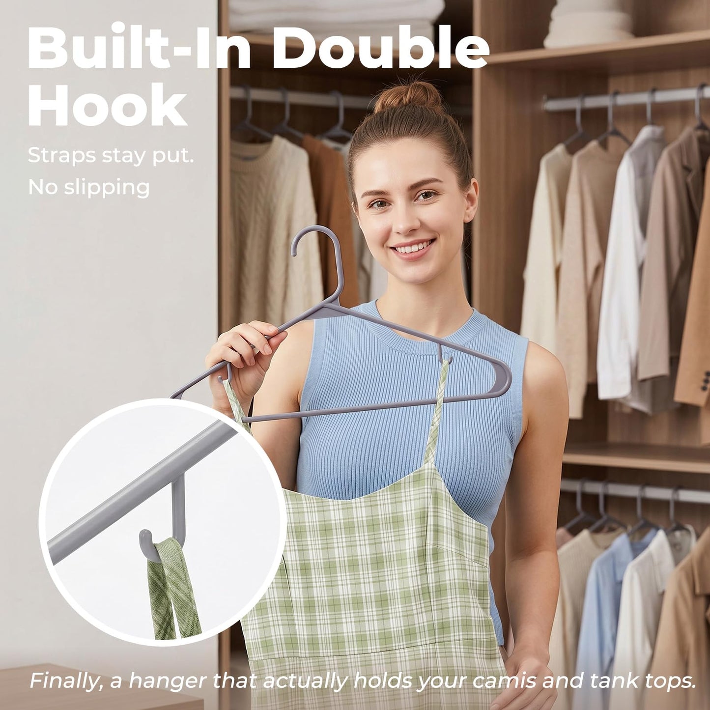 HOUSE DAY Grey Plastic Hangers 60 Pack, Non-Slip Plastic Hanger with Dual Hooks - Slim Space Saving 1/4" Thin Closet Organizers for Coats, Shirts, Pants & Dresses - Lightweight Garment Friendly