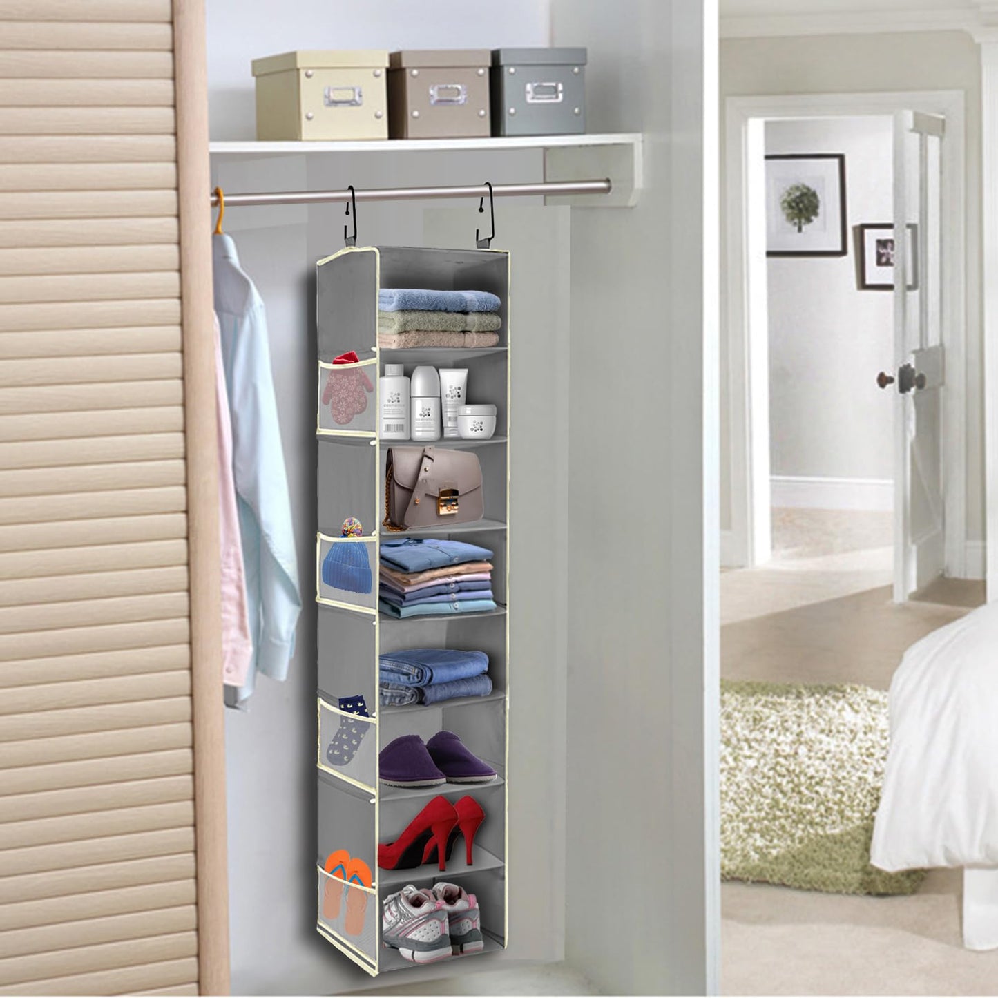 roomtalk Large-Sized Hanging Shoe Organizer 8-Shelf, Hanging Closet Organizer with 8 Side Pockets, Wider Hanging Shelves for Storage Shoes Clothes 9" W × 11.8" D× 48" H, Grey
