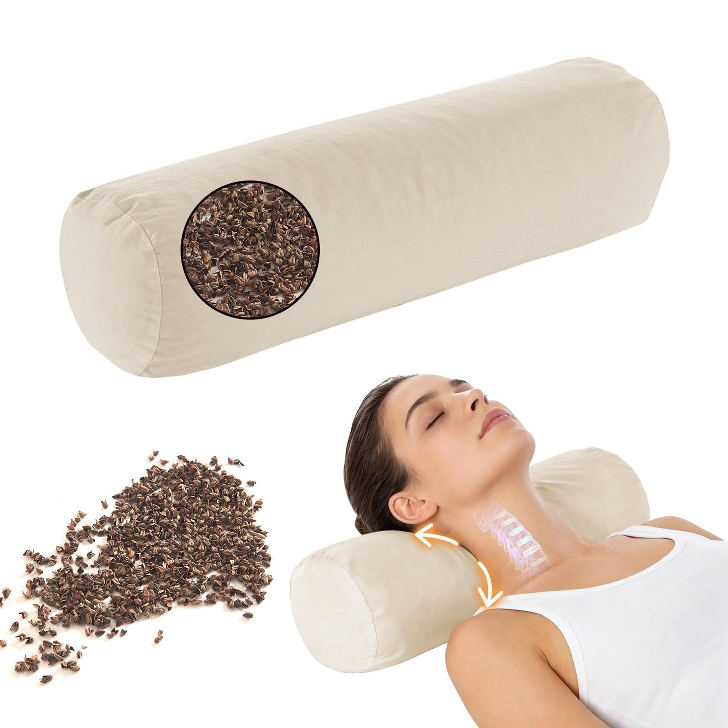 LOFE Buckwheat Pillow - Adjustable Buckwheat neck Pillow(17x6) to Provide Firm Support, Neck Roll Pillows for Side and Back Sleepers, Cylinder Bolster Pillows with Organic Pillowcase