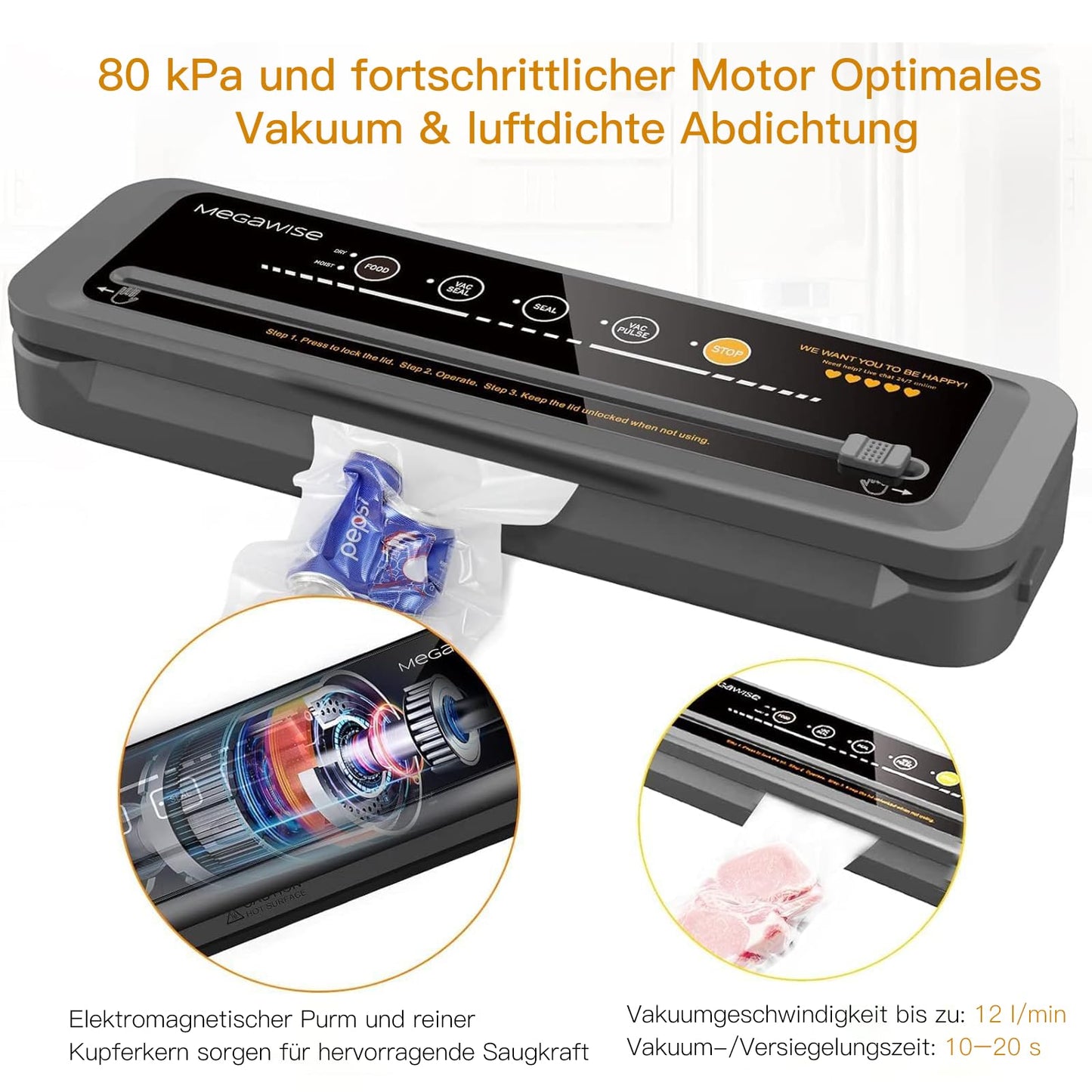 MegaWise Food Vacuum Sealer Machine – High-Power 80kPa Suction, One-Touch Operation, Built-in Cutter – Works with All Food Types, Includes Bags & Hose (Black), Keeps Food Fresh 5x Longer
