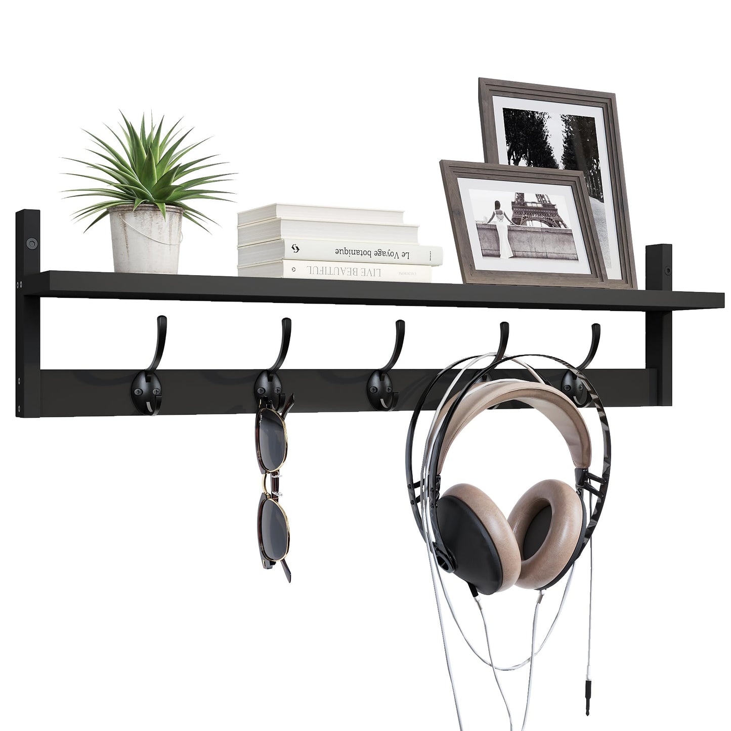 BAMEOS Wall-Mounted Shelf with Hooks - 28.9 Inch Entryway Hanging Shelf with 5 Dual Hooks for Bathroom, Living Room, Bedroom (Black)