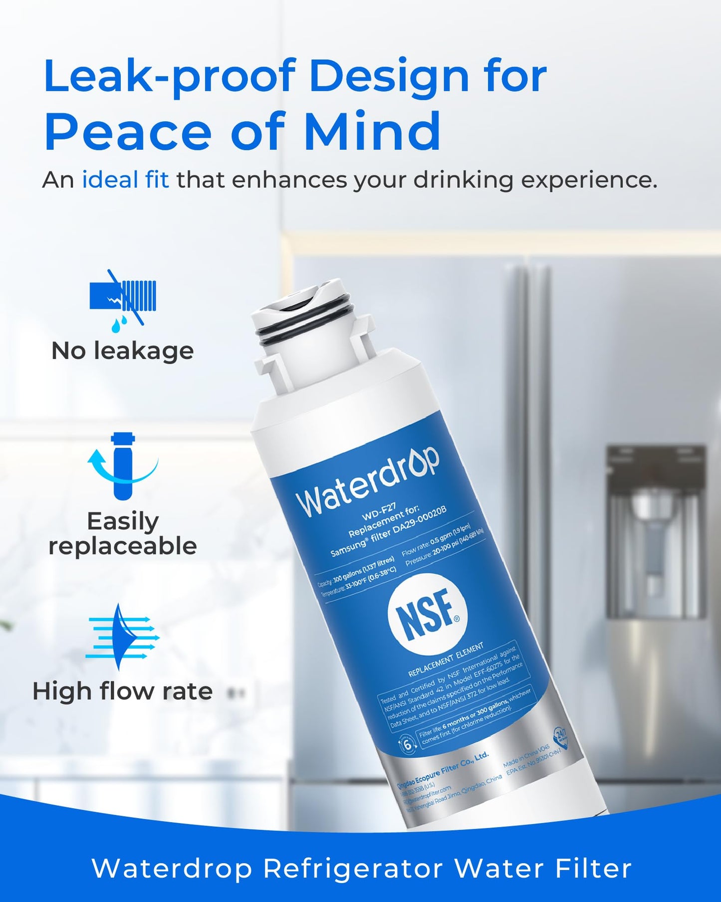 Waterdrop Refrigerator Water Filter, Replacement for Samsung HAF-CIN/EXP, DA29-00020B, DA97-08006A, RF263BEAESR, RF28HMEDBSR, RF263TEAESG, RF4287HARS, 6 Filters