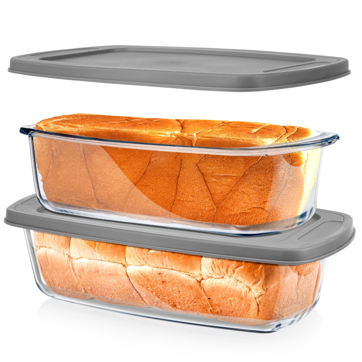 BAKEWAY Glass Loaf Pans for Baking Bread with Lids 2 Set - 1.9 Qt Glass Loaf Pan | Oven, Dishwasher, Fridge, Freezer & Microwave Safe, Bread Pan Suit for Lasagna, Meatloaf, Banana