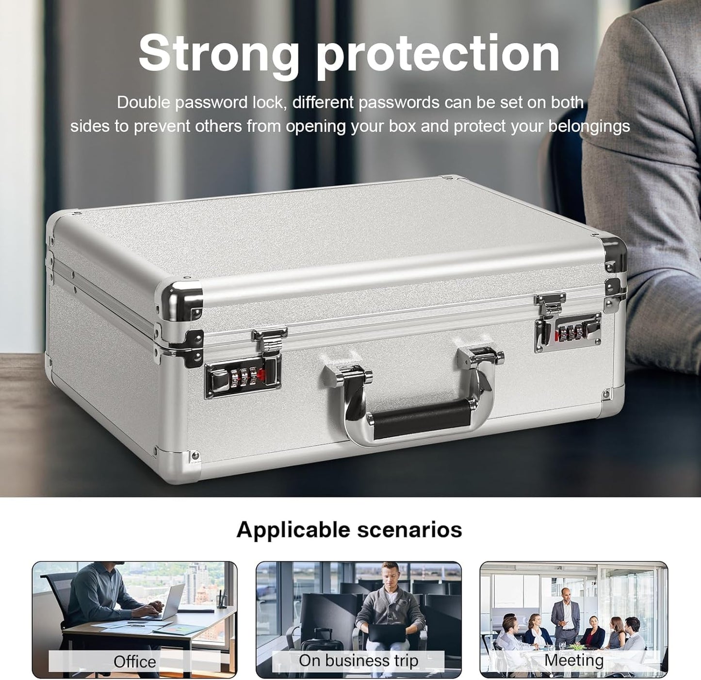 File Organizer Storage Box - 14.2 x 9.4 x 4.5 Inch Medium, Portable Locking Storage Totes with Dual Combination Locks for Passports, Medications and Small Personal Items- Silver