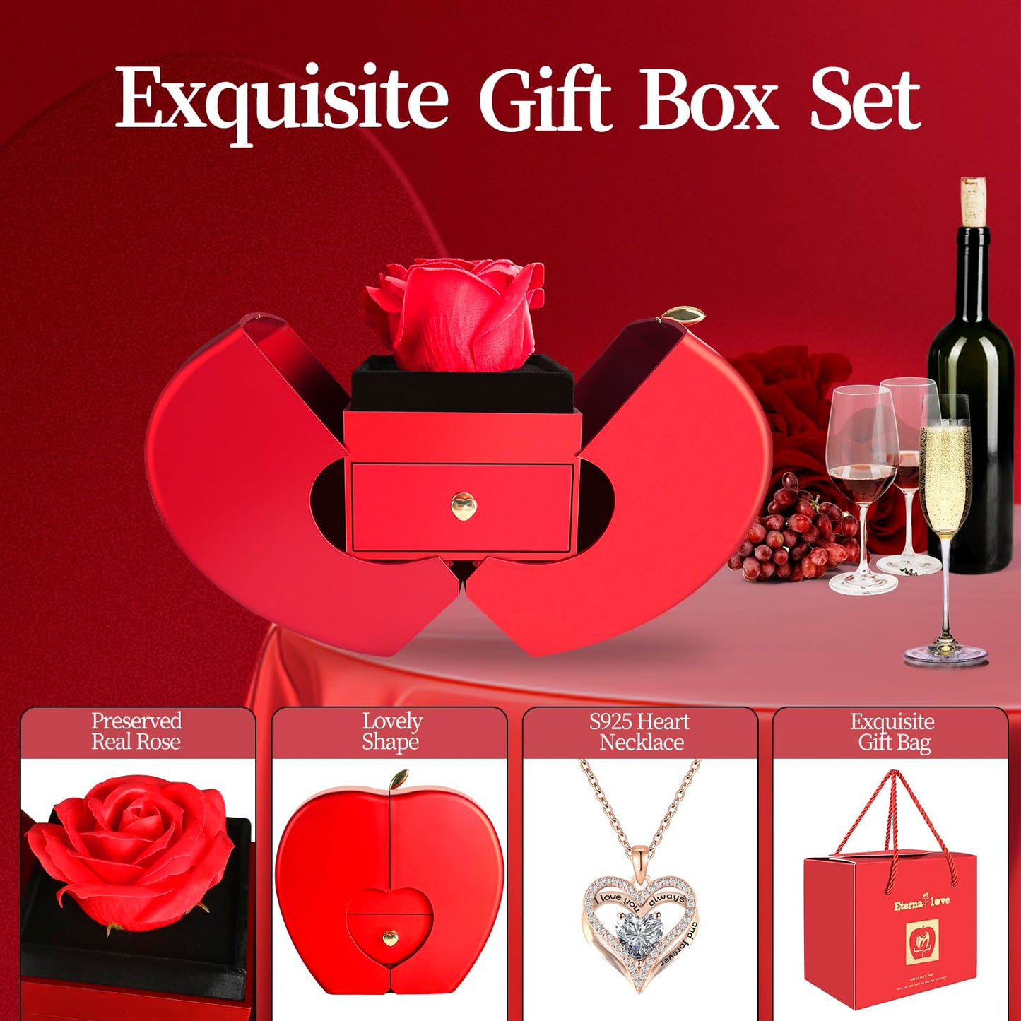 WEIMIL Preserved Flower Red Rose with Heart Necklace, Gifts for Mom, Girlfriend, Women, Wife, Grandma on Christmas, Valentine's Day, Mother's Day, Birthday, Anniversary, Thanksgiving