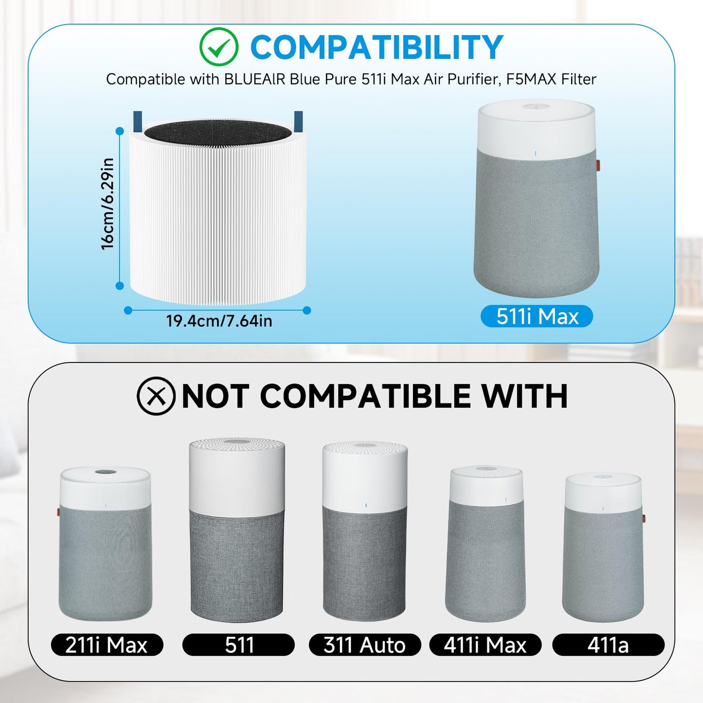 Blue Pure 511i Max Filter Replacement Compatible with Blueair 511i Max Air Purifier, Blue Pure F5MAX, H13 True HEPA & Activated Carbon Replacement Filter, 2 Pack